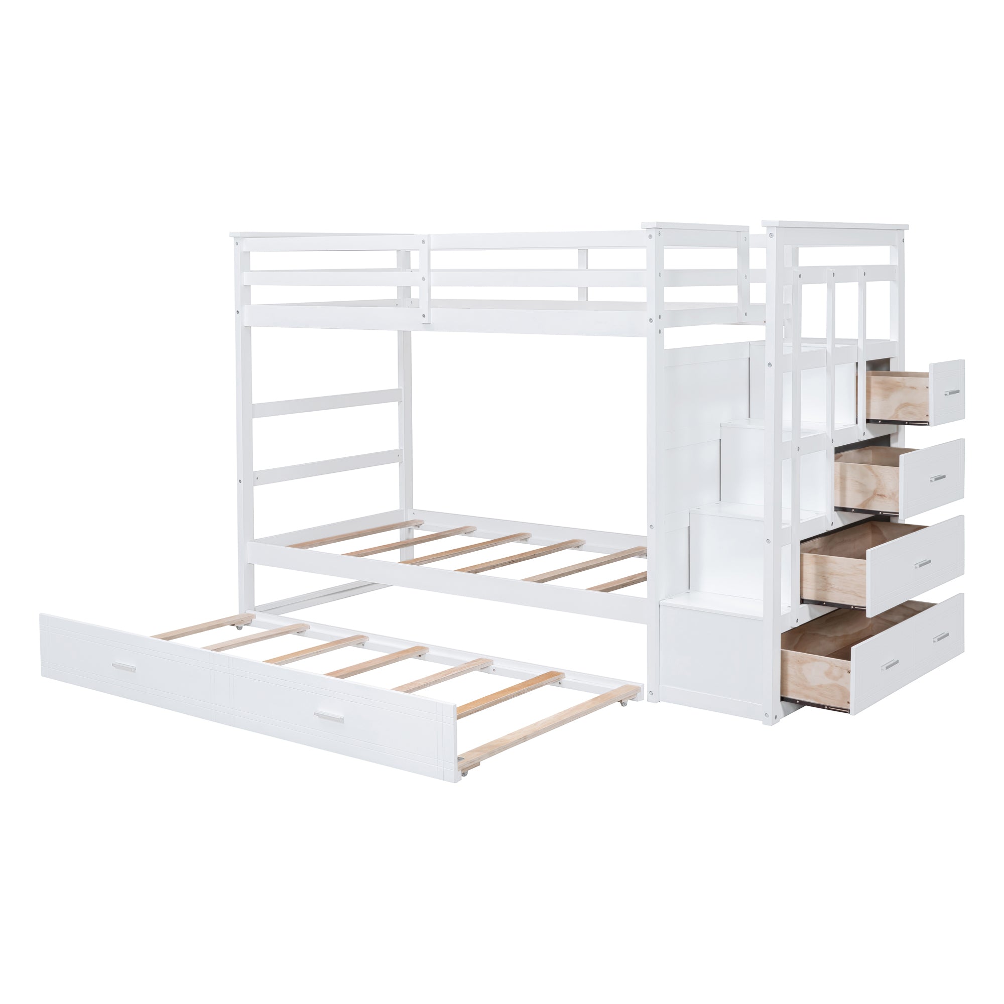 Twin Over Twin Bunk Bed with Trundle and Staircase,White(OLD SKU:LT000068AAK)