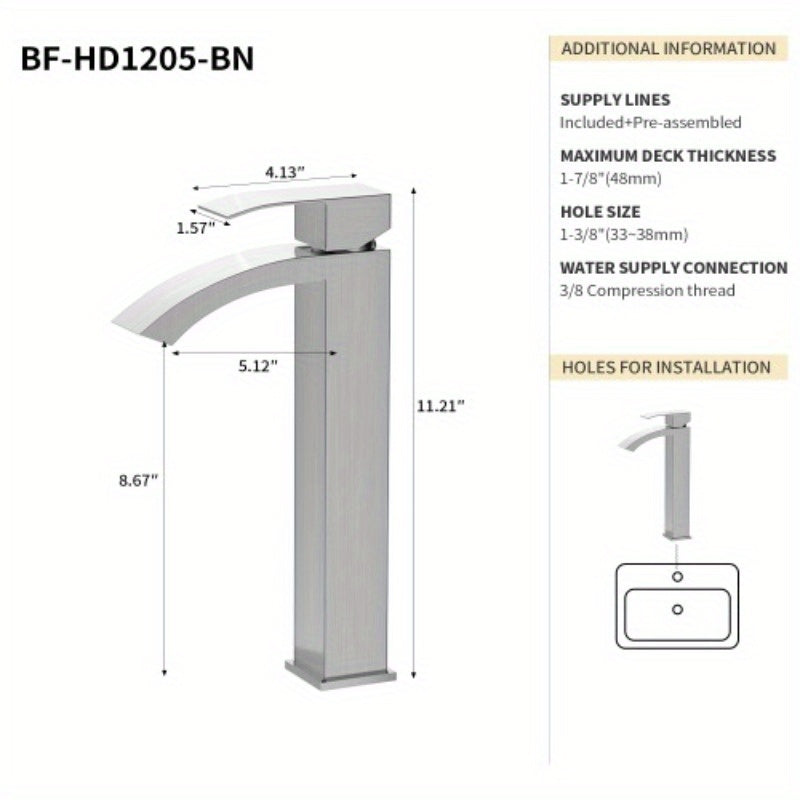 11.21" Single Handle Bathroom Sink Faucet - CUPC Certified, Brushed Nickel