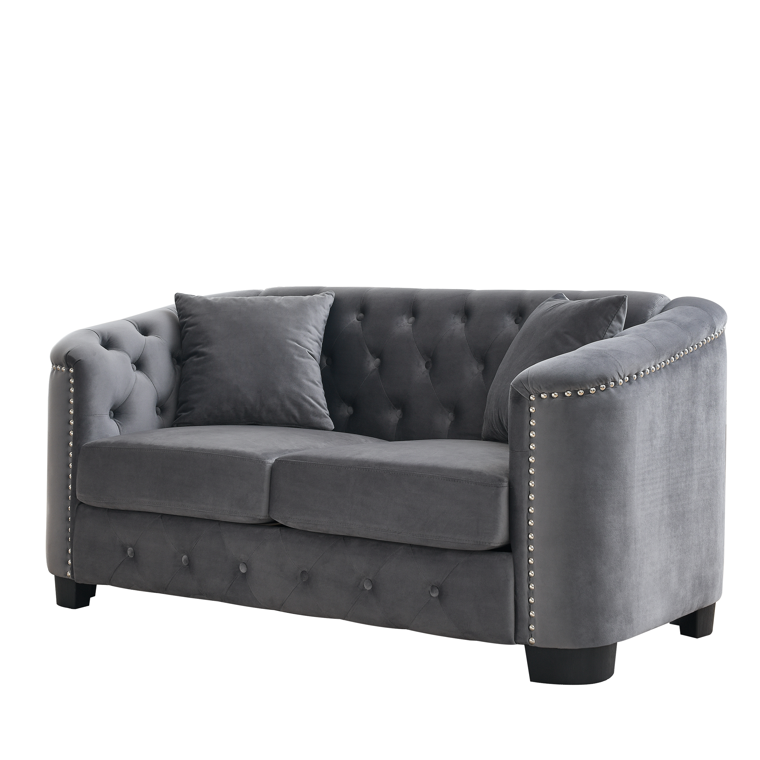 59-Inch Modern Chesterfield Velvet Sofa, 2-Seater Sofa, Upholstered Tufted Backrests with Nailhead Arms and 2 Cushions for Living Room, Bedroom, Apartment, Office (Grey)