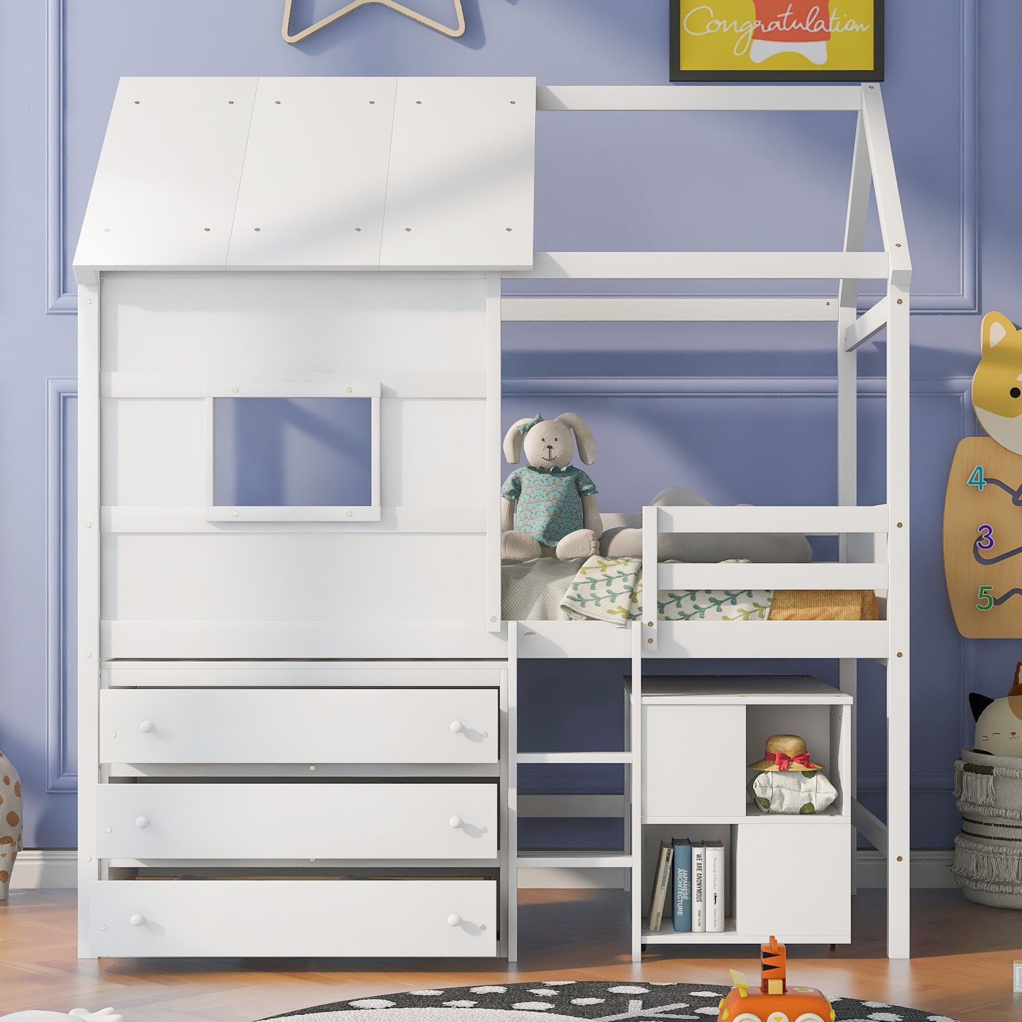 Twin Size House Loft Bed with Storage Desk and 3 Drawer Chest, White