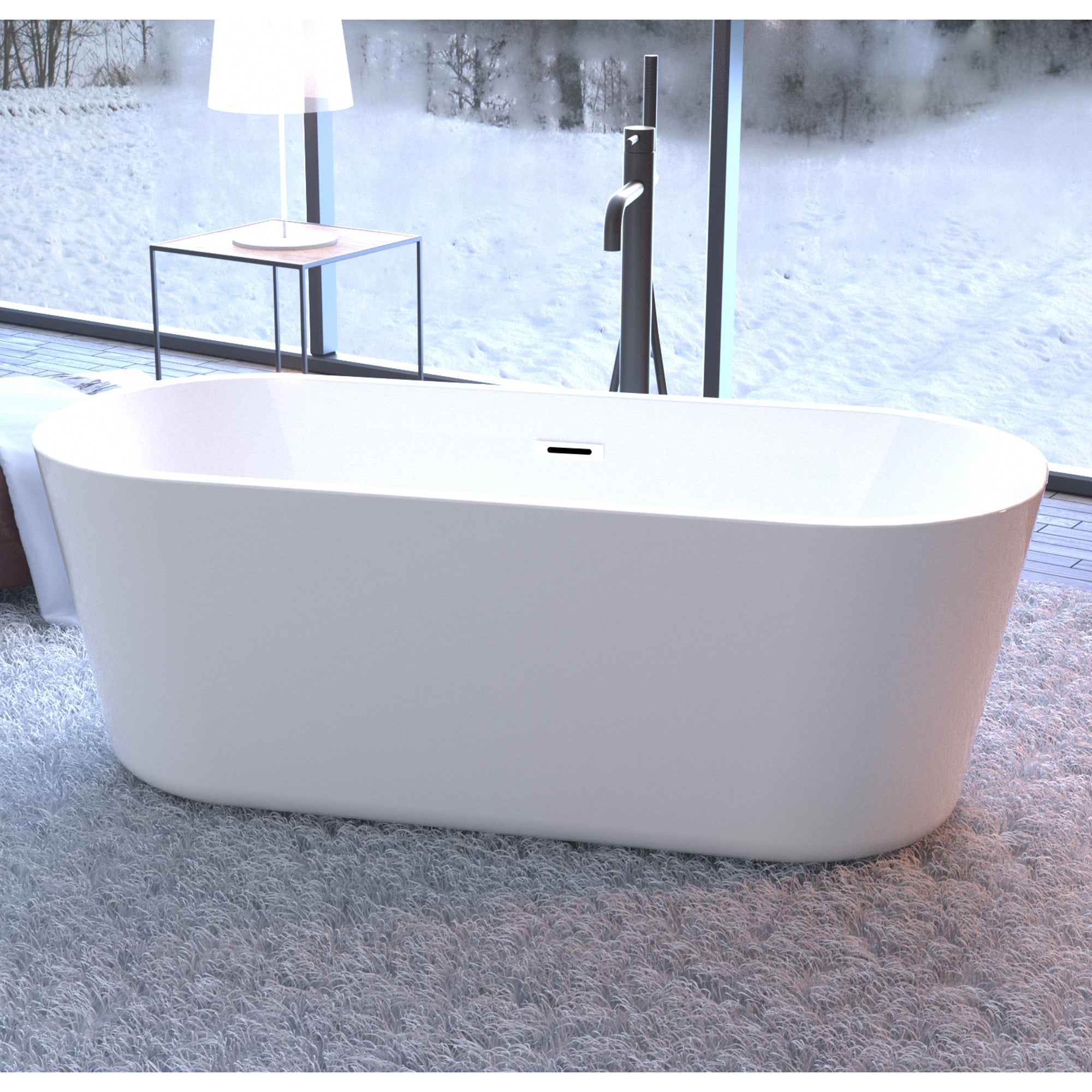 60'' Freestanding Gloss White Acrylic Soaking Bathtub with Toe-Tap Chrome Drain and Classic Slotted Overflow, 24A02-60