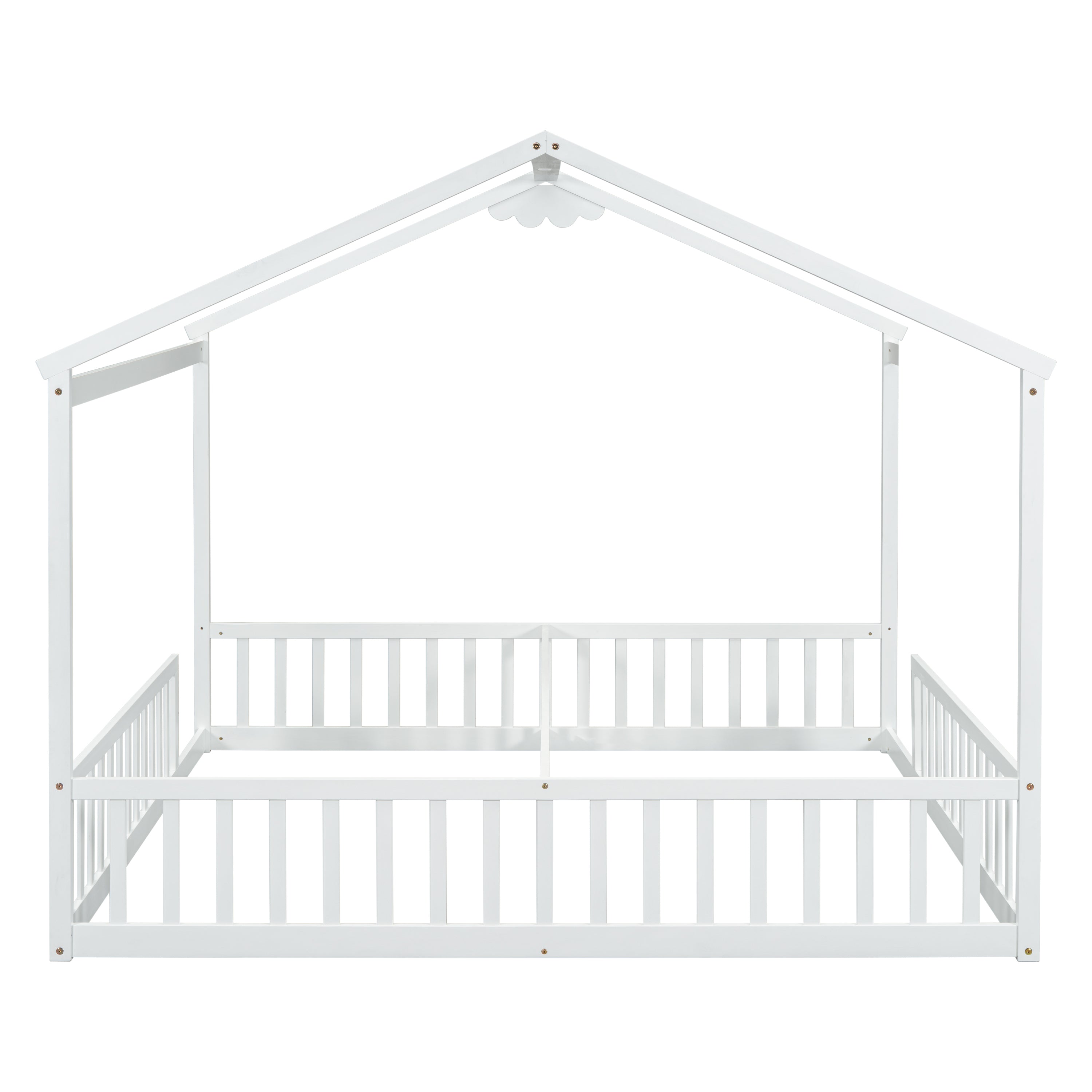 Double Twin House-Style Floor Bed with Fence, Guardrails, without door, White