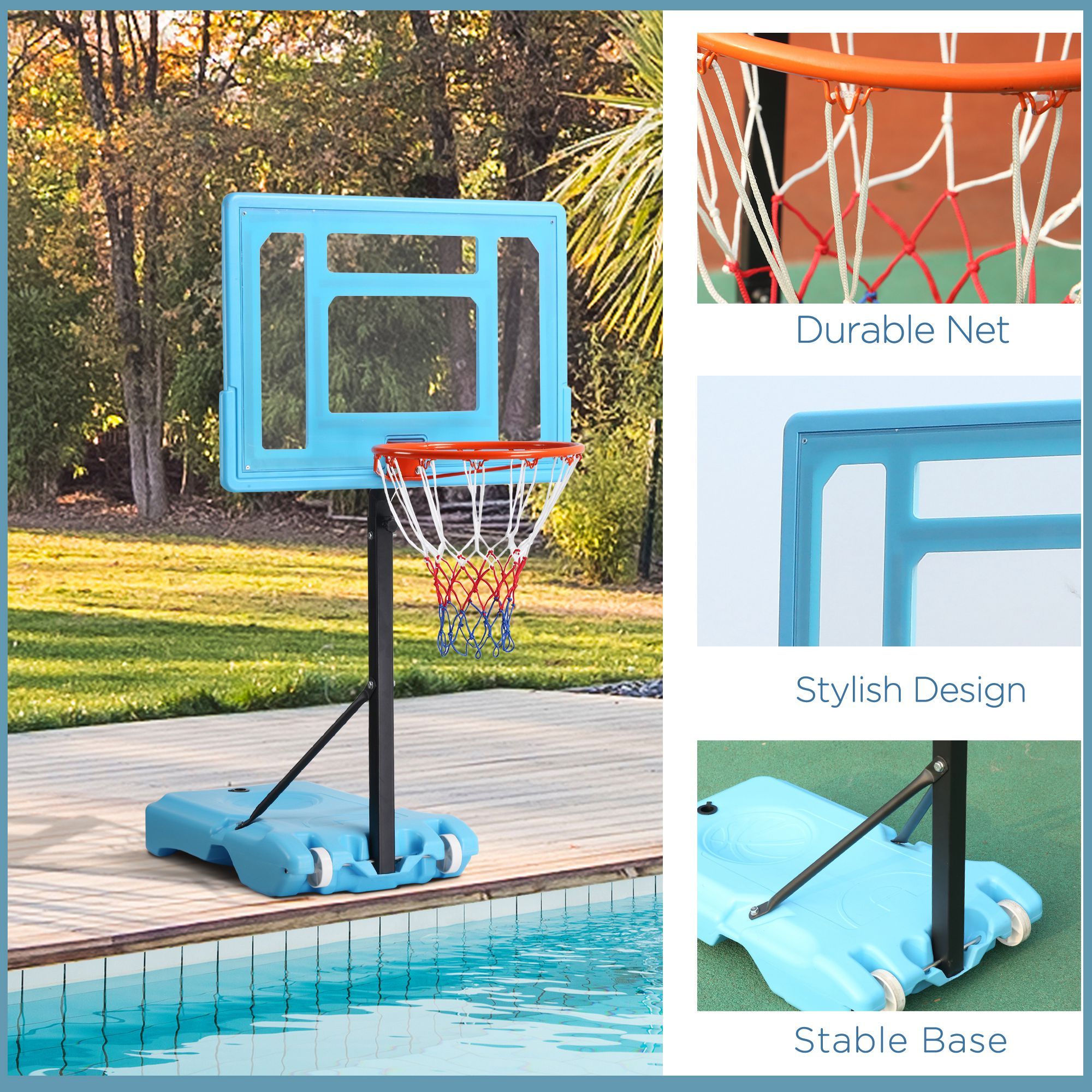 Soozier Poolside Basketball Hoop Stand, 36.5"-48.5" Height Adjustable Portable Hoop System w/ Clear Backboard & Fillable Base for Whole Family, Blue, Black, Red