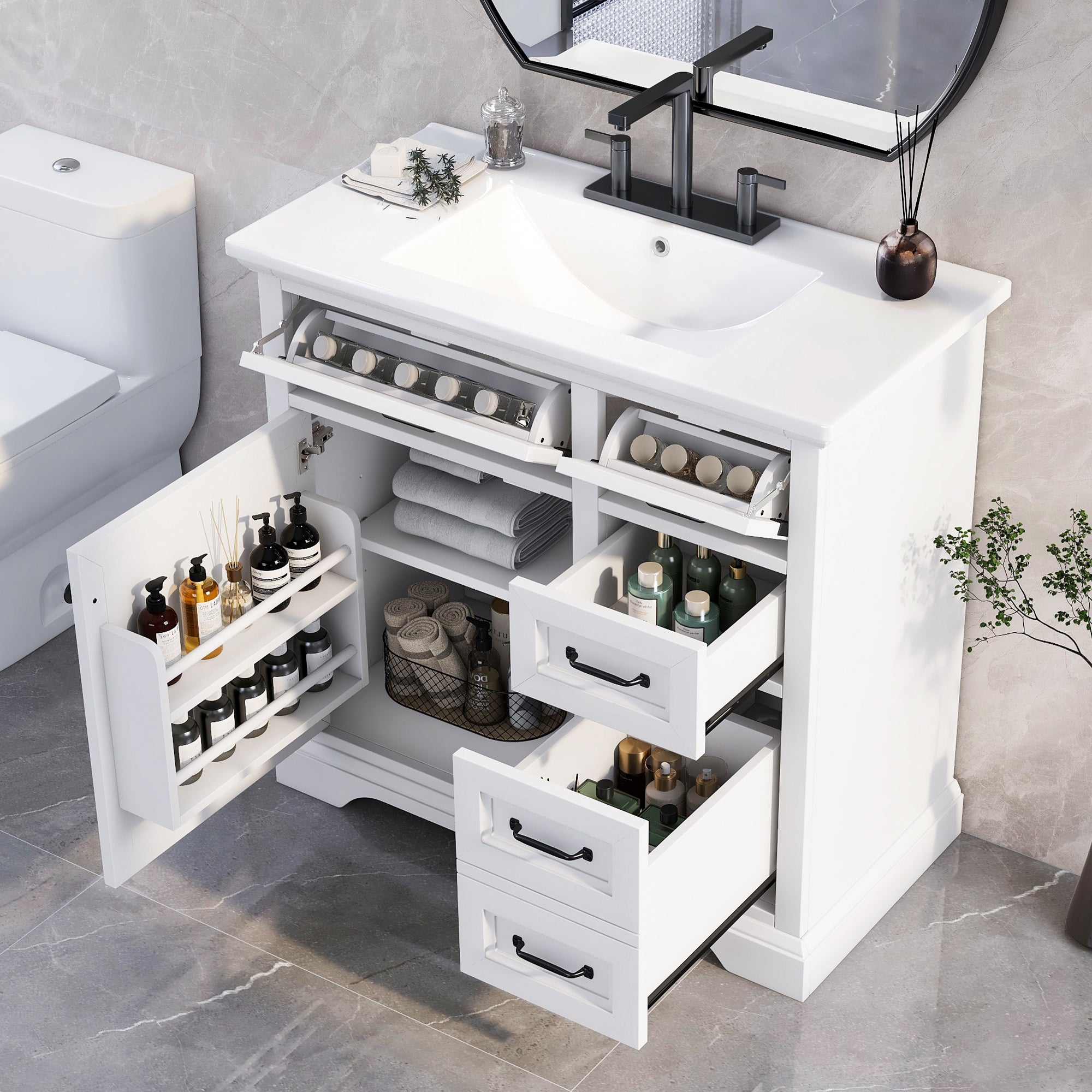 36-inch white bathroom vanity with ceramic sink, front view