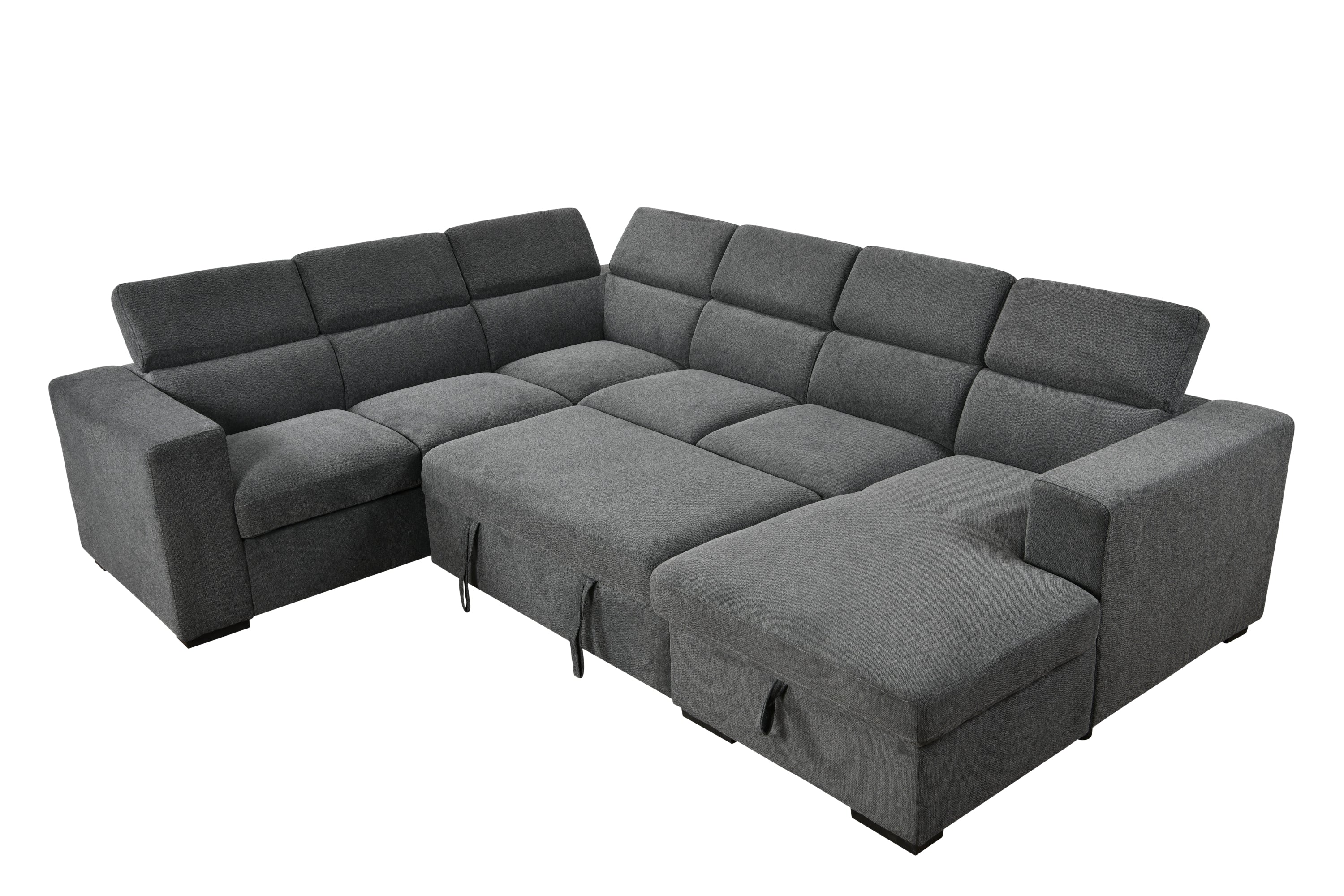 123" 4 in 1 Modern U-Shaped 7-seat Sectional Sofa Couch with Adjustable Headrest, Sofa Bed with Storage Chaise,Pull Out Couch Bed for Living Room ,Dark Gray