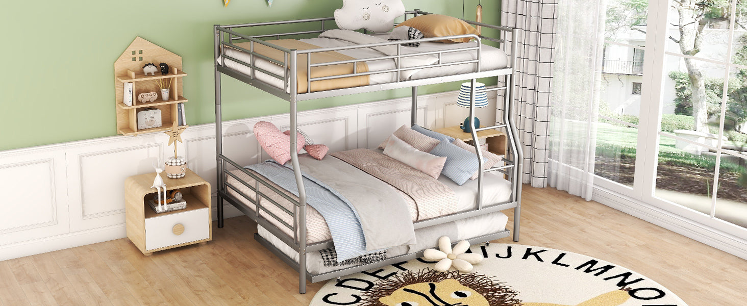 Full XL Over Queen Metal Bunk Bed with Trundle, Silver