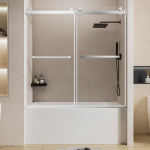 56-60 x 60 in Brushed Nickel Frameless Double Sliding Tub Door - Brushed Nickel view 1