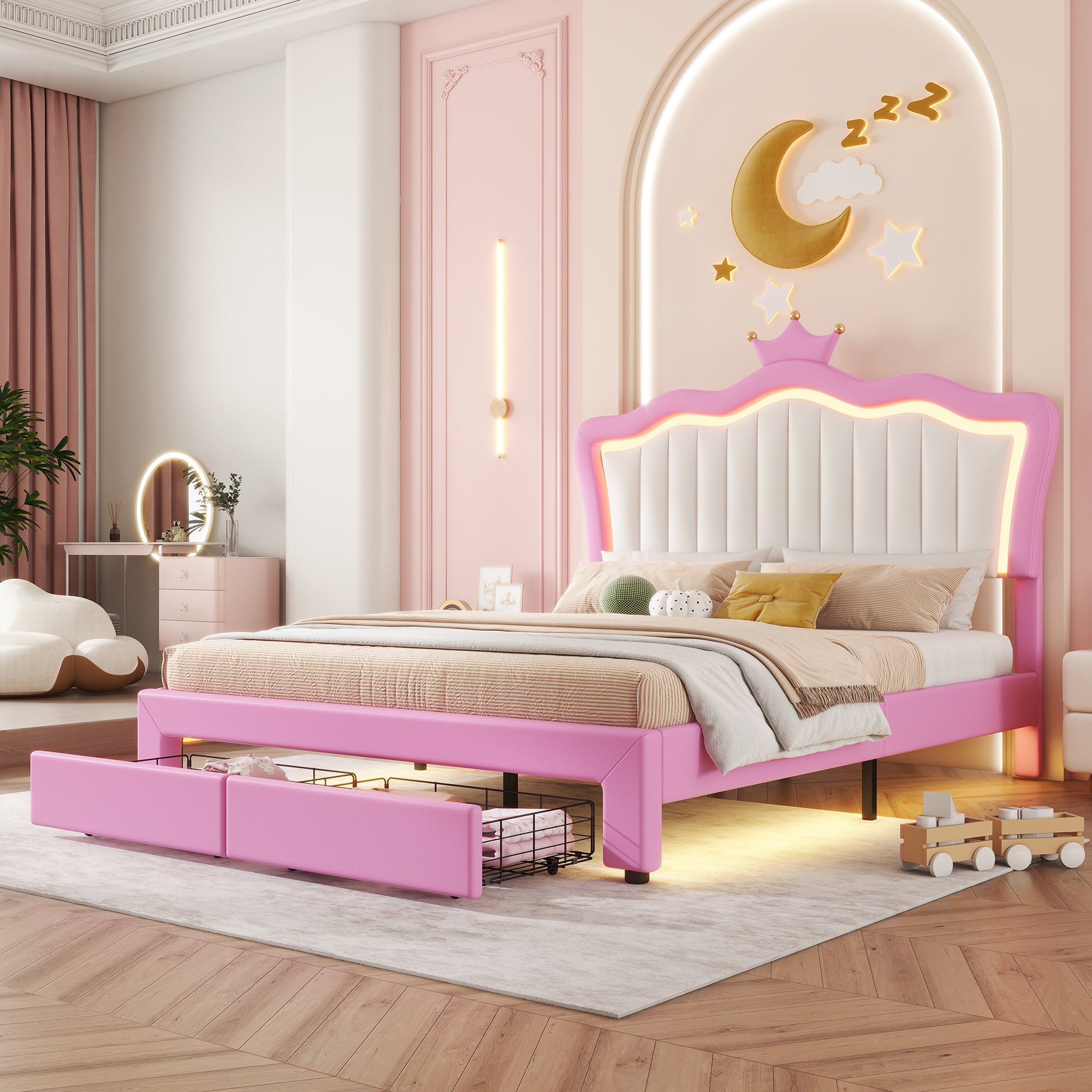 Full Size Upholstered Bed Frame with LED Lights, Modern Upholstered Princess Bed with Crown Headboard, 2 Drawers, Pink+White