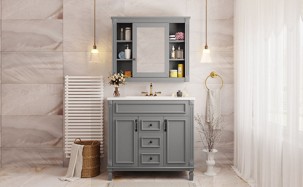 36'' Bathroom Vanity with Top Sink, Grey Mirror Cabinet, Modern Bathroom Storage Cabinet with 2 Soft Closing Doors and 2 Drawers, Single Sink Bathroom Vanity