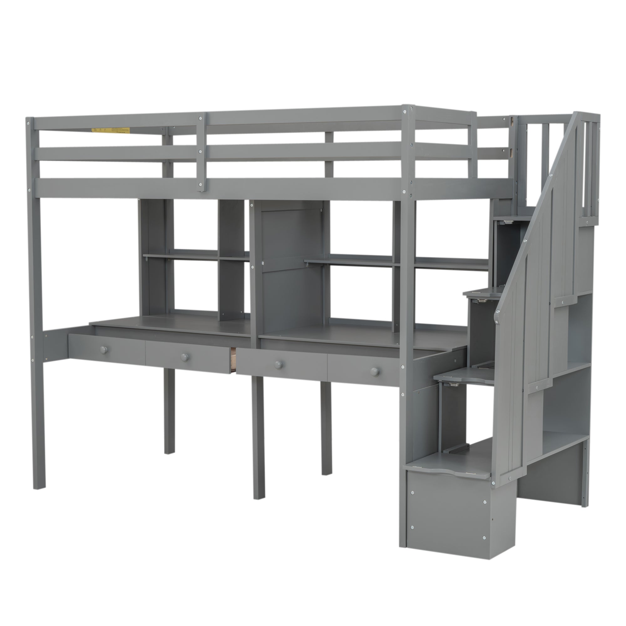 Twin Size Loft Bed Frame with Storage Staircase and Double Desks and Shelves,Gray