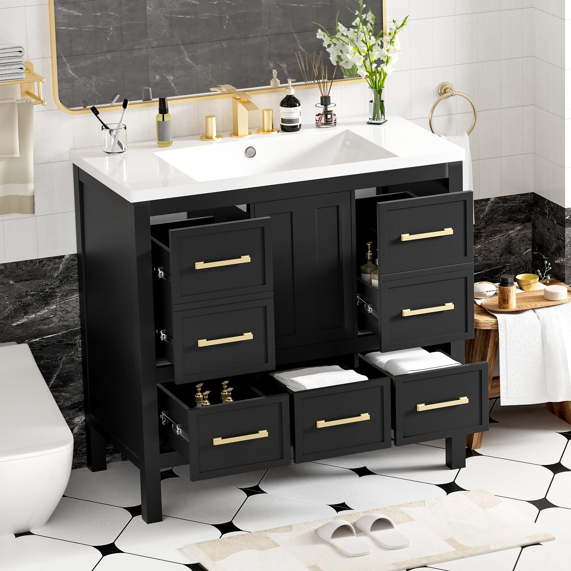 36'' Bathroom Vanity with Resin Sink Combo, Solid Wood Frame Bathroom Storage Cabinet, Freestanding Vanity Set with 5 Drawers& Soft Closing Doors (Same as N710S136002B )