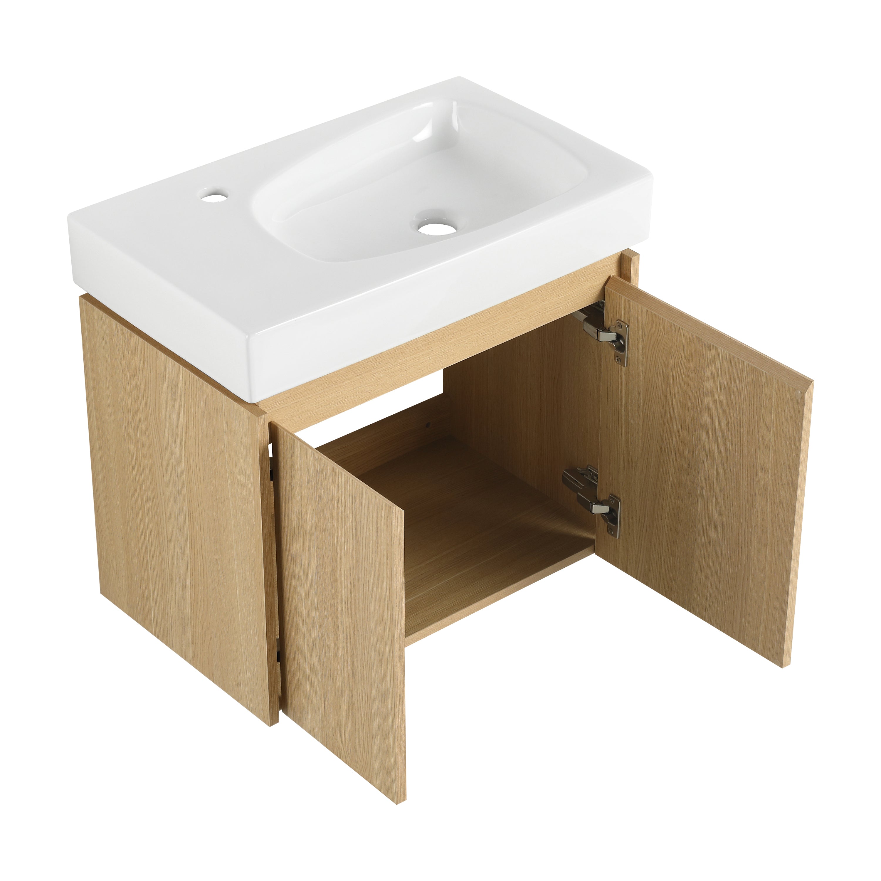 24 Inch Bathroom Vanity with Ceramic Basin, Wall Mounted Floating Vanity Sink Combo, Wooden Storage Cabinet with Double Doors for Bathroom,Oak