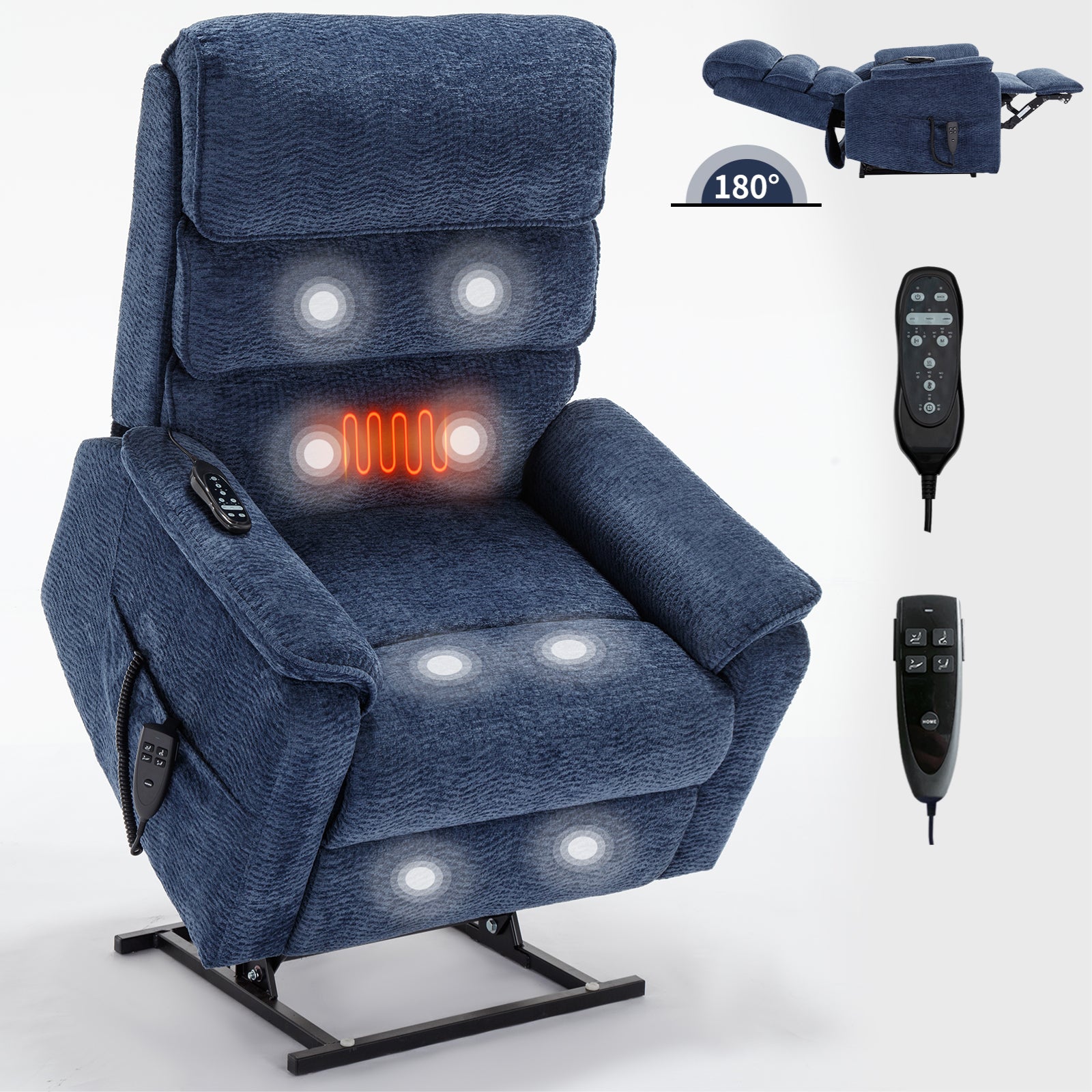 Blue Chenille Dual Motor Infinite Position Up to 350 LBS Power Lift Recliner Chair with Power-Remote, Heat Massage and Heavy Duty Motion Mechanism