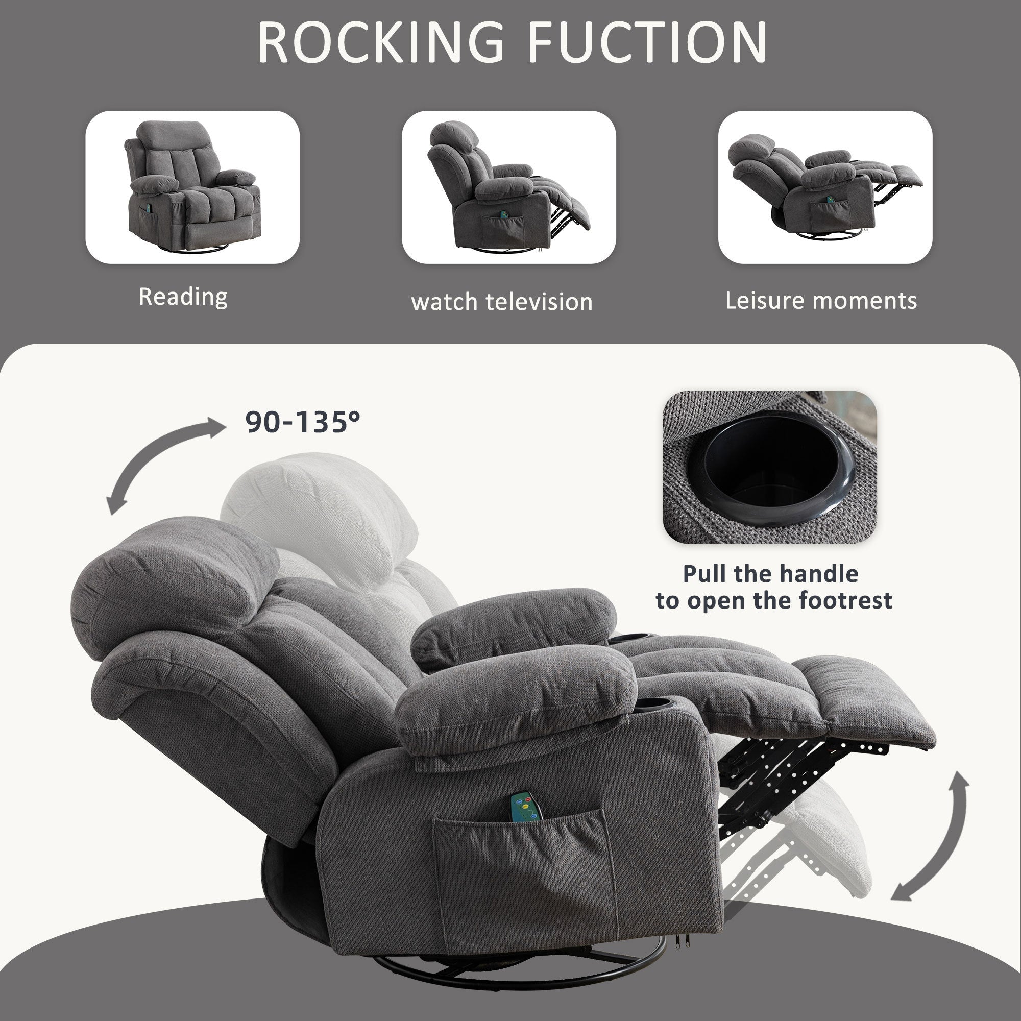 Vanbow.Swinging recliner massage heated sofa, with USB and 2 cup holders in side pockets, PackageA+B (gray fabric )