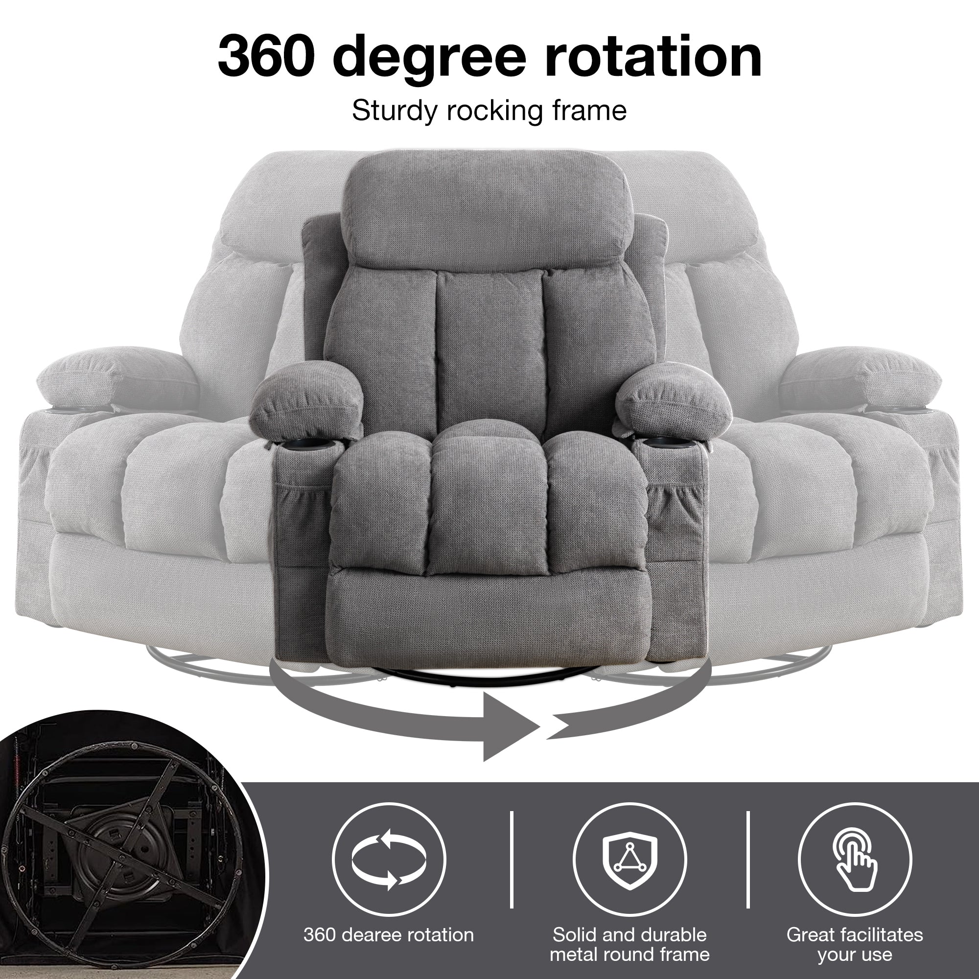 Vanbow.Swinging recliner massage heated sofa, with USB and 2 cup holders in side pockets, PackageA+B (gray fabric )