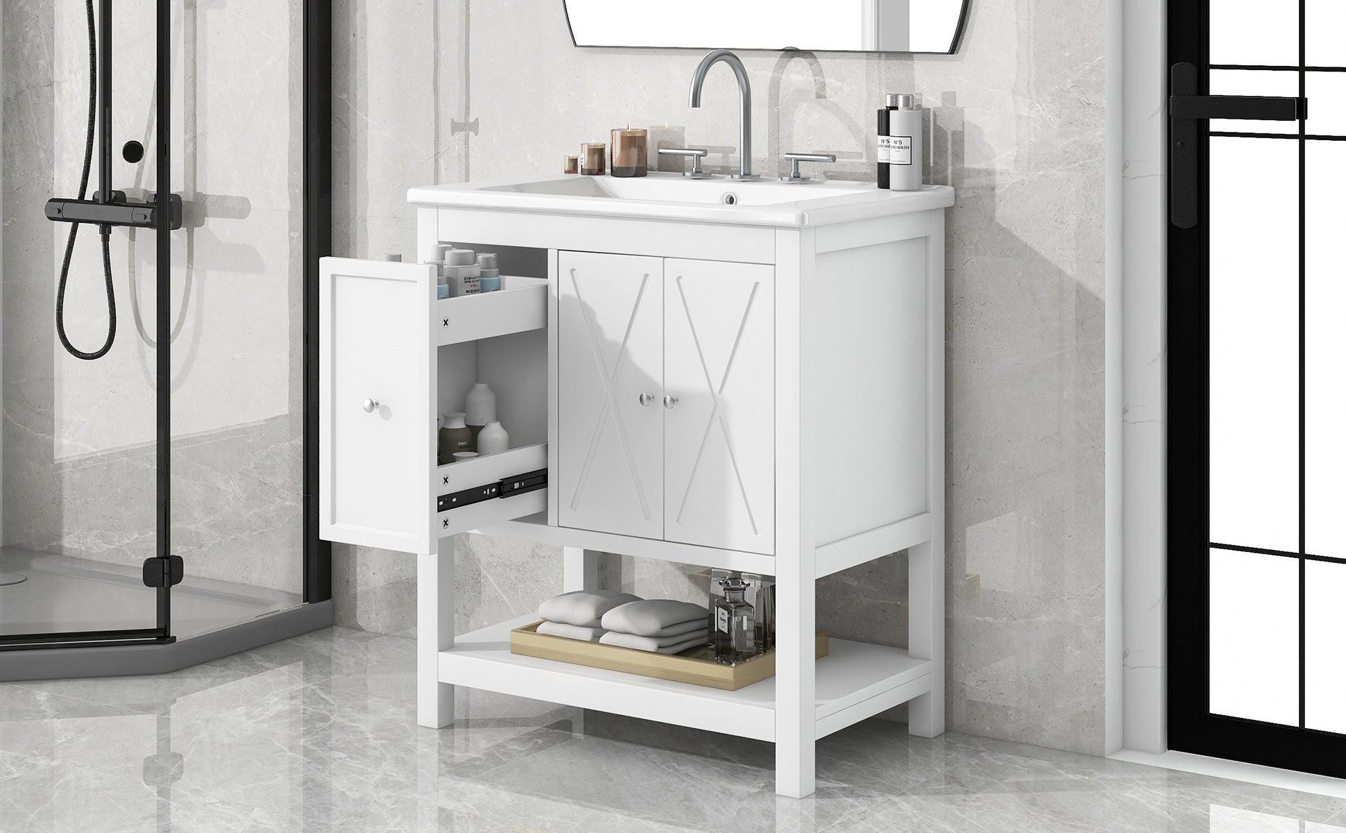 30" Bathroom Vanity with Sink Top, Bathroom Vanity Cabinet with Two Doors and One Drawer, MDF Boards, Solid Wood, One Package, White