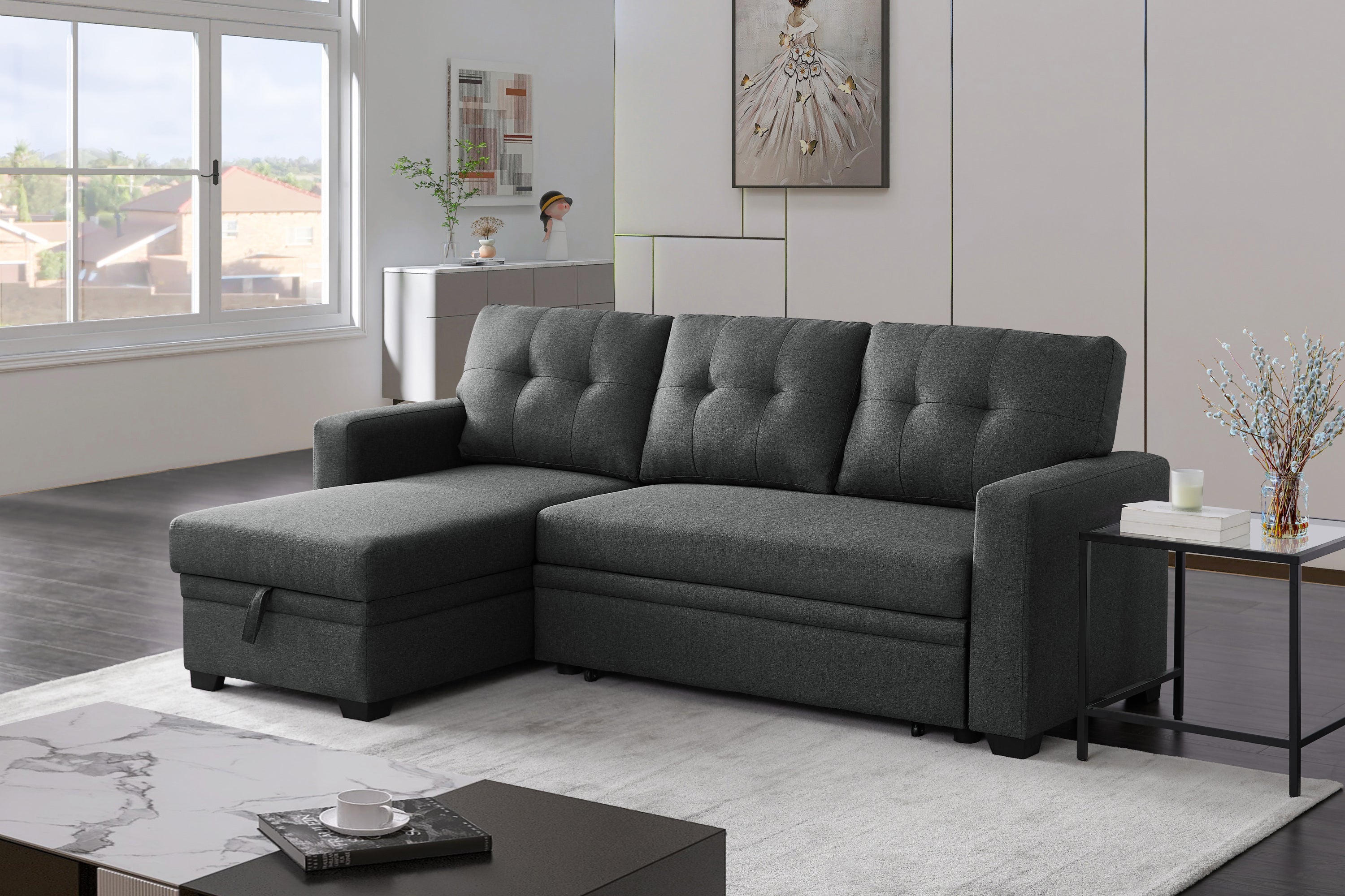 Upholstered Pull out Sectional Sofa with Chaise