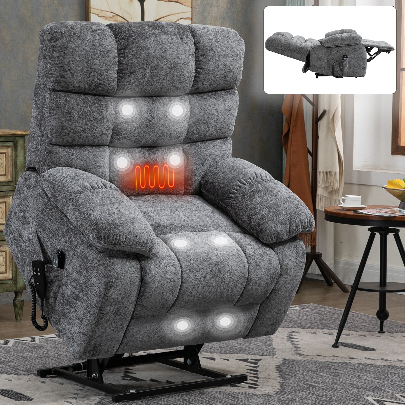 Lift Recliner Chair Heat Massage Dual Motor Infinite Position Up to 350 LBS Large Electric Power Lift Recliners with Power-Remote, Medium-firm and Heavy duty, Grey