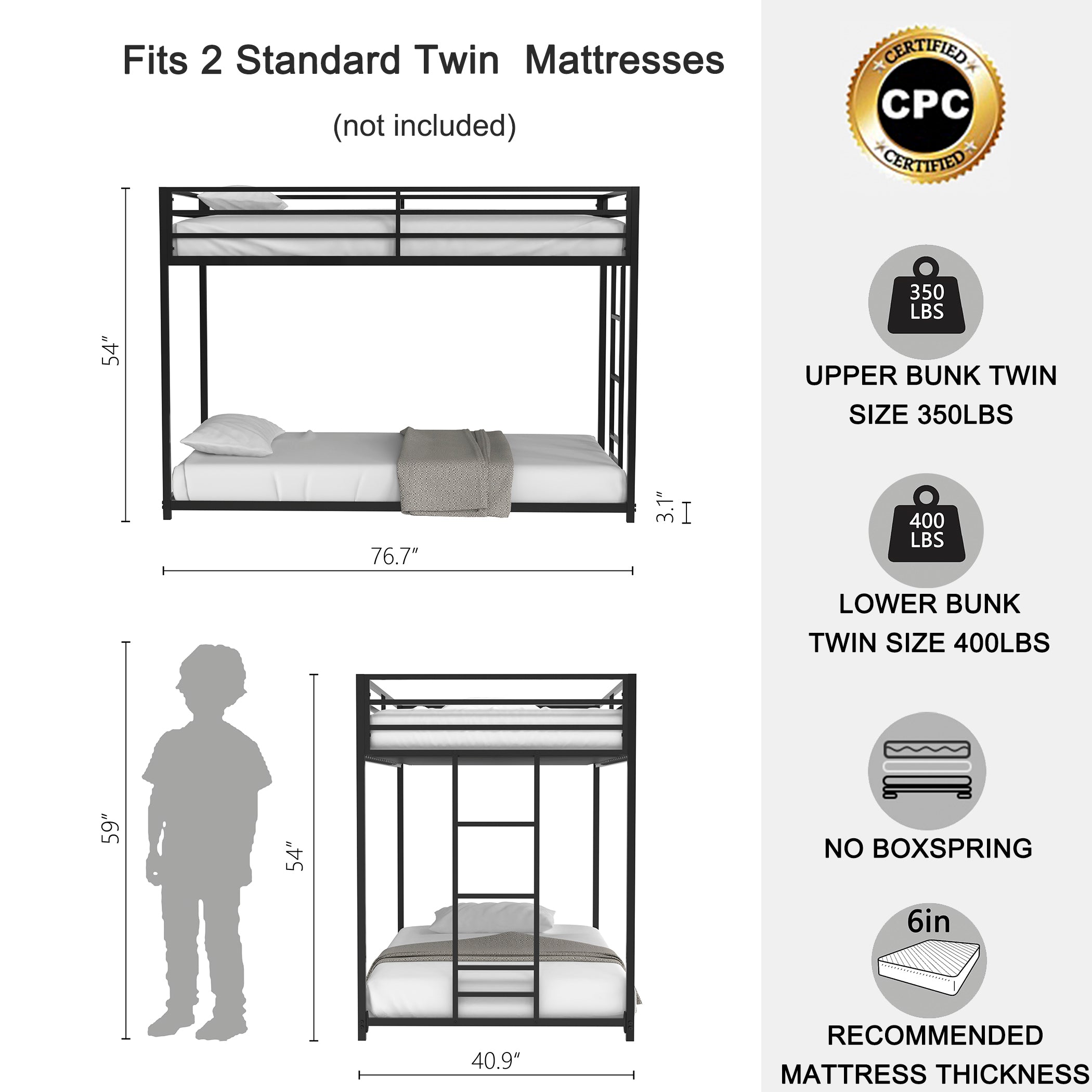 Same as original B083124170 Adam Sturdy Twin over Twin Metal Bunk Black for Kids and Adult, Low Profile and Easy Climbing with Stable Ladder