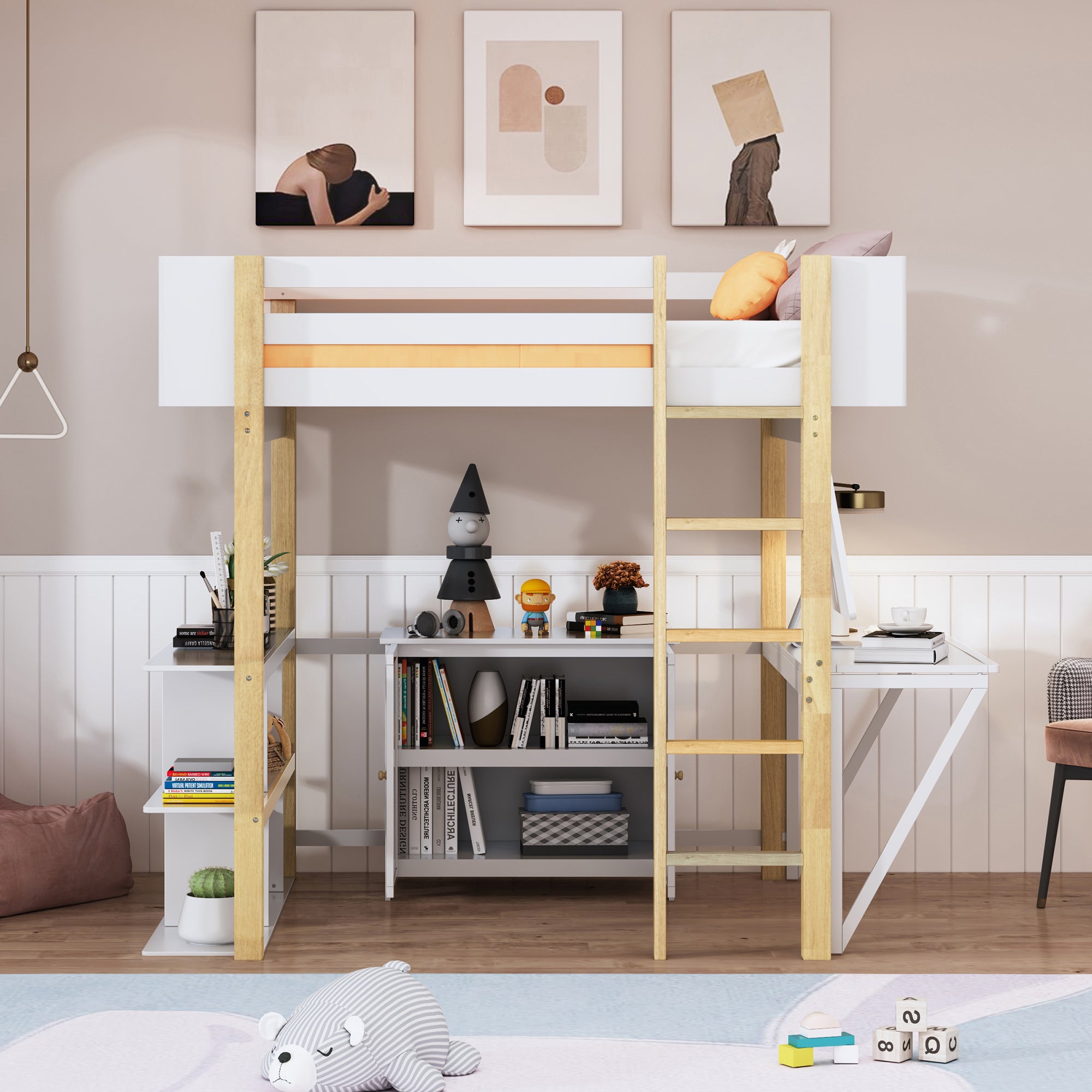 Full Size Wood Loft Bed With Built-in Storage Cabinet and Cubes, Foldable desk, White