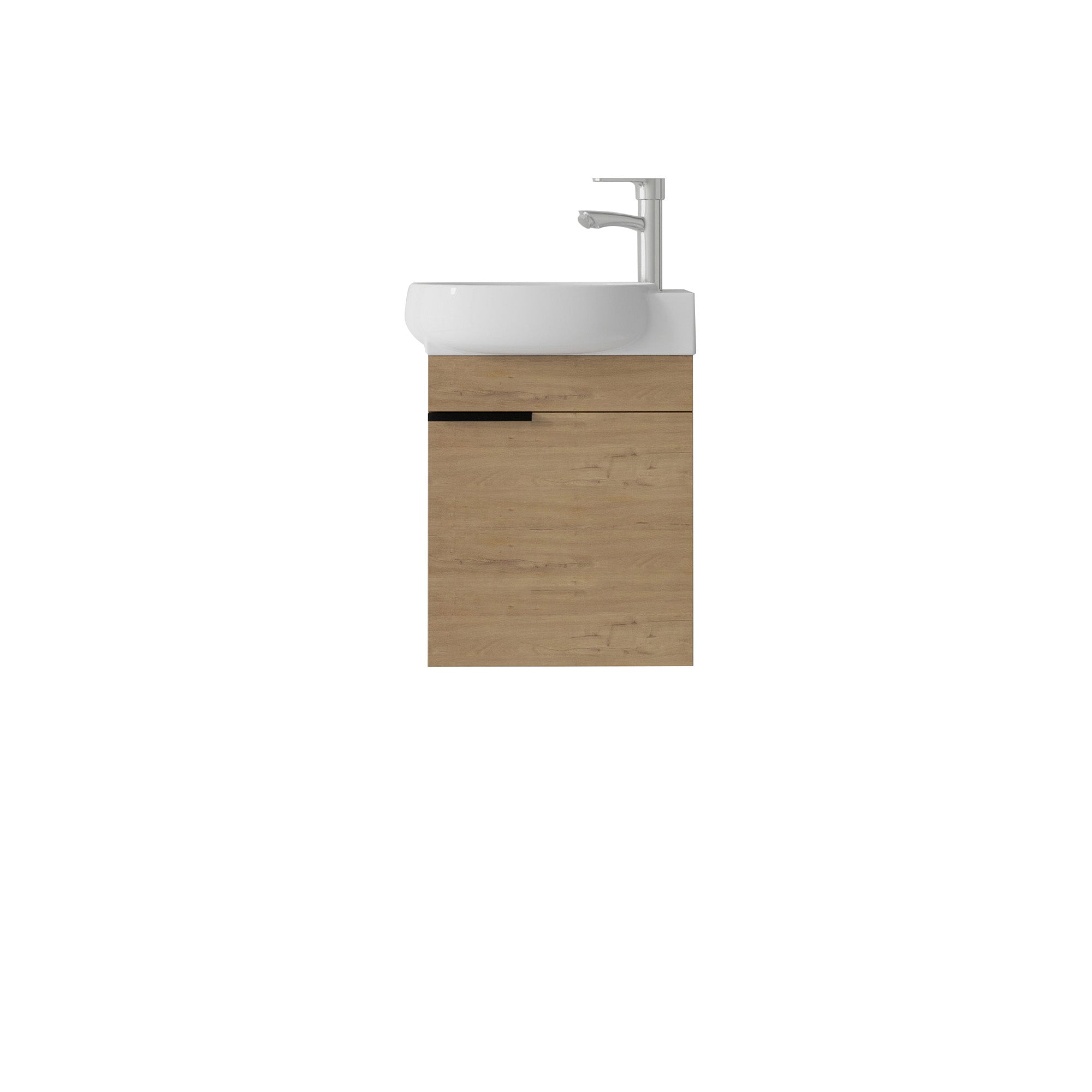 Oak wall-mounted bathroom vanity cabinet with ceramic sink, angled view