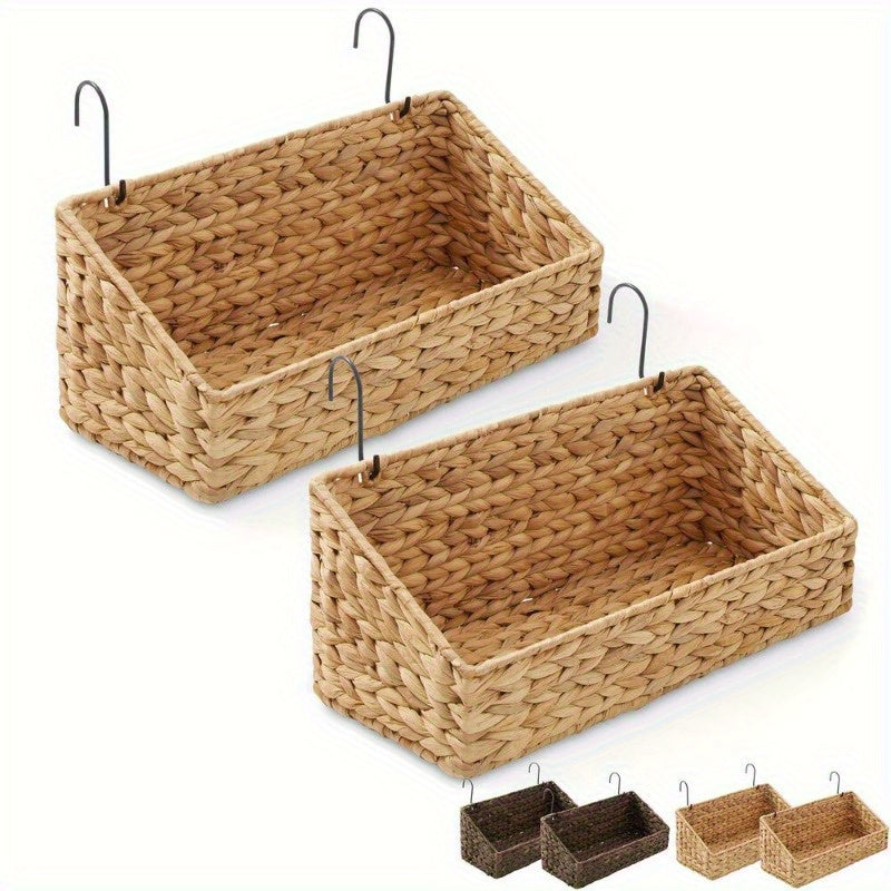 2 Pcs Hanging Baskets with Hooks, Woven Wicker Hyacinth Wall Mount Storage Bins