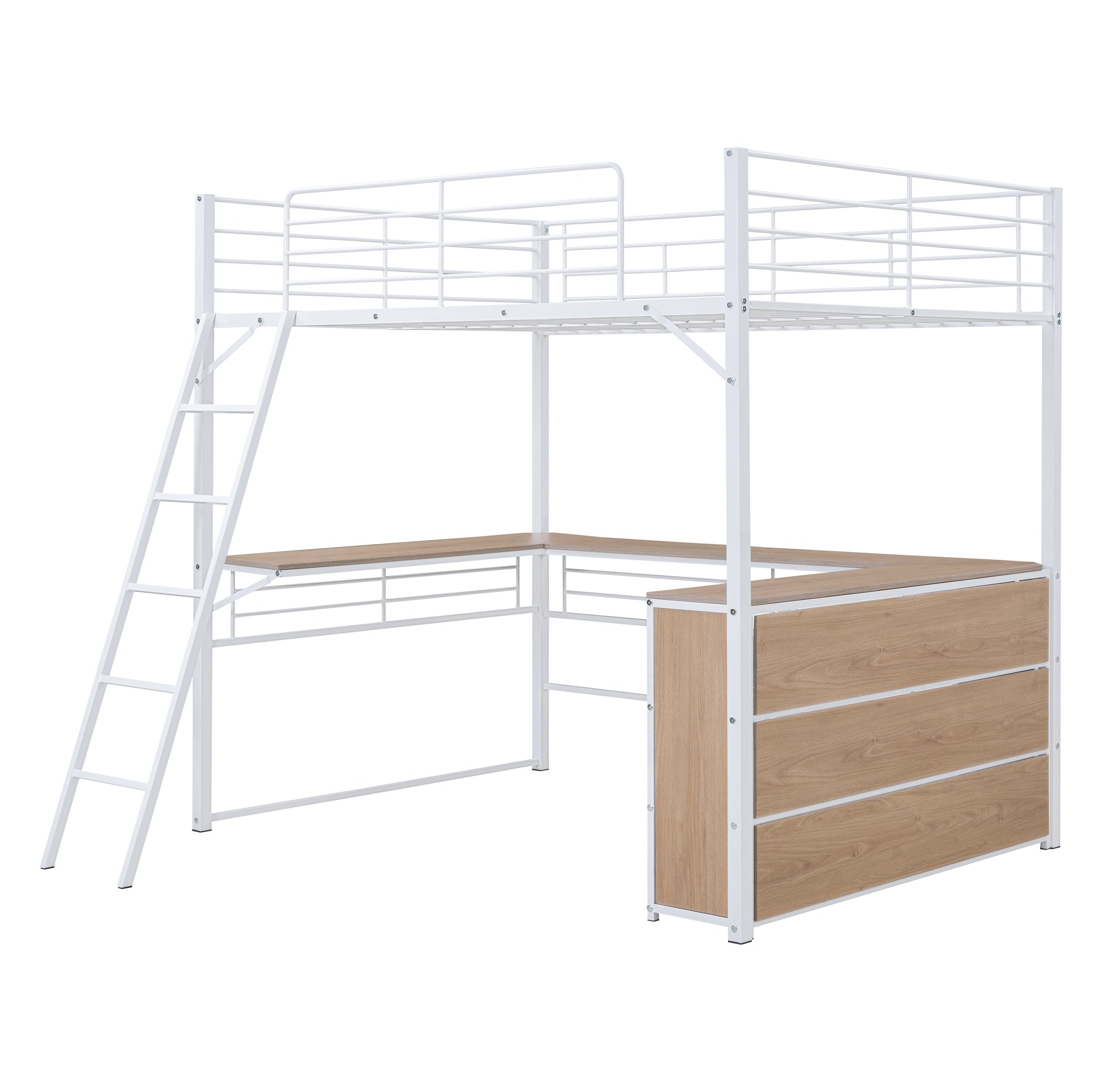 Full Size Metal Loft Bed with 3 Layers of Shelves and L-shaped Desk, White