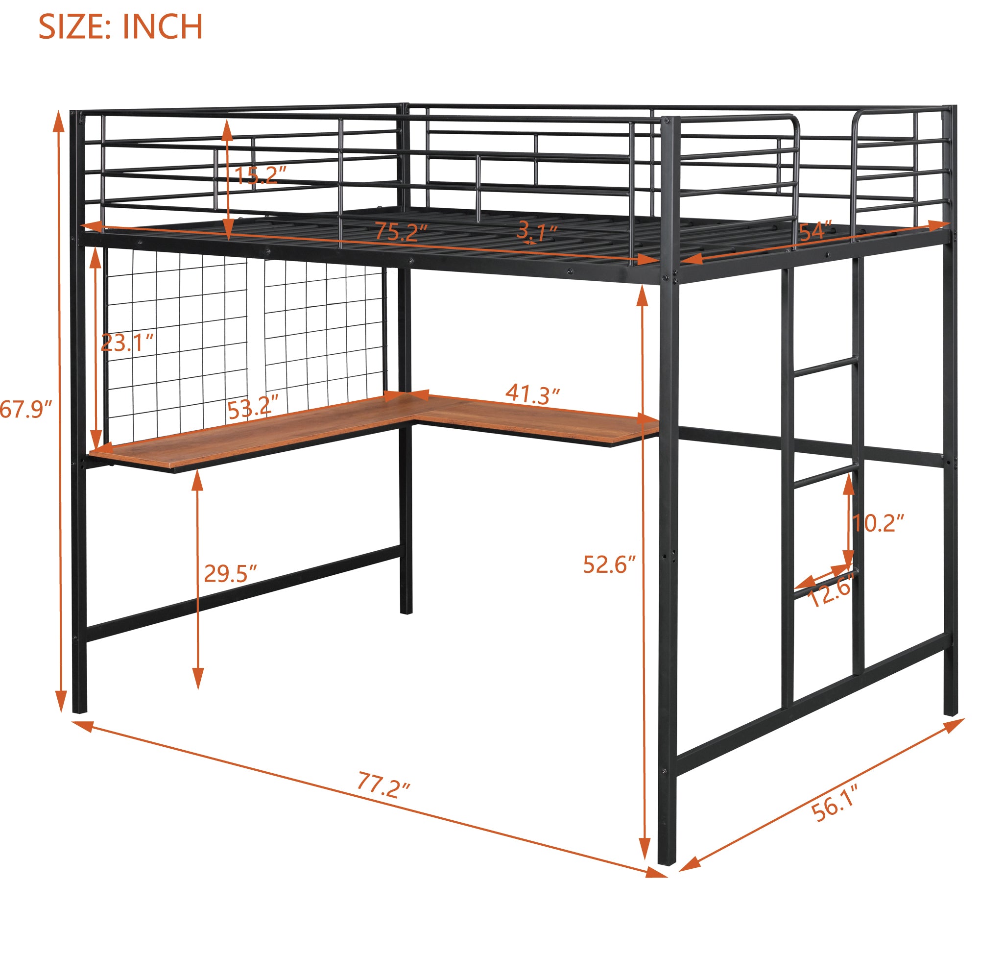 Full Metal Loft Bed with Desk and Metal Grid, Black