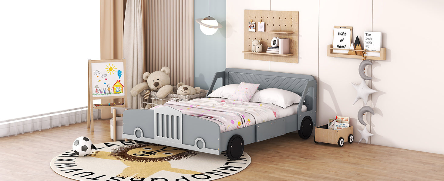 Full Size Car-Shaped Platform Bed with Wheels,Gray