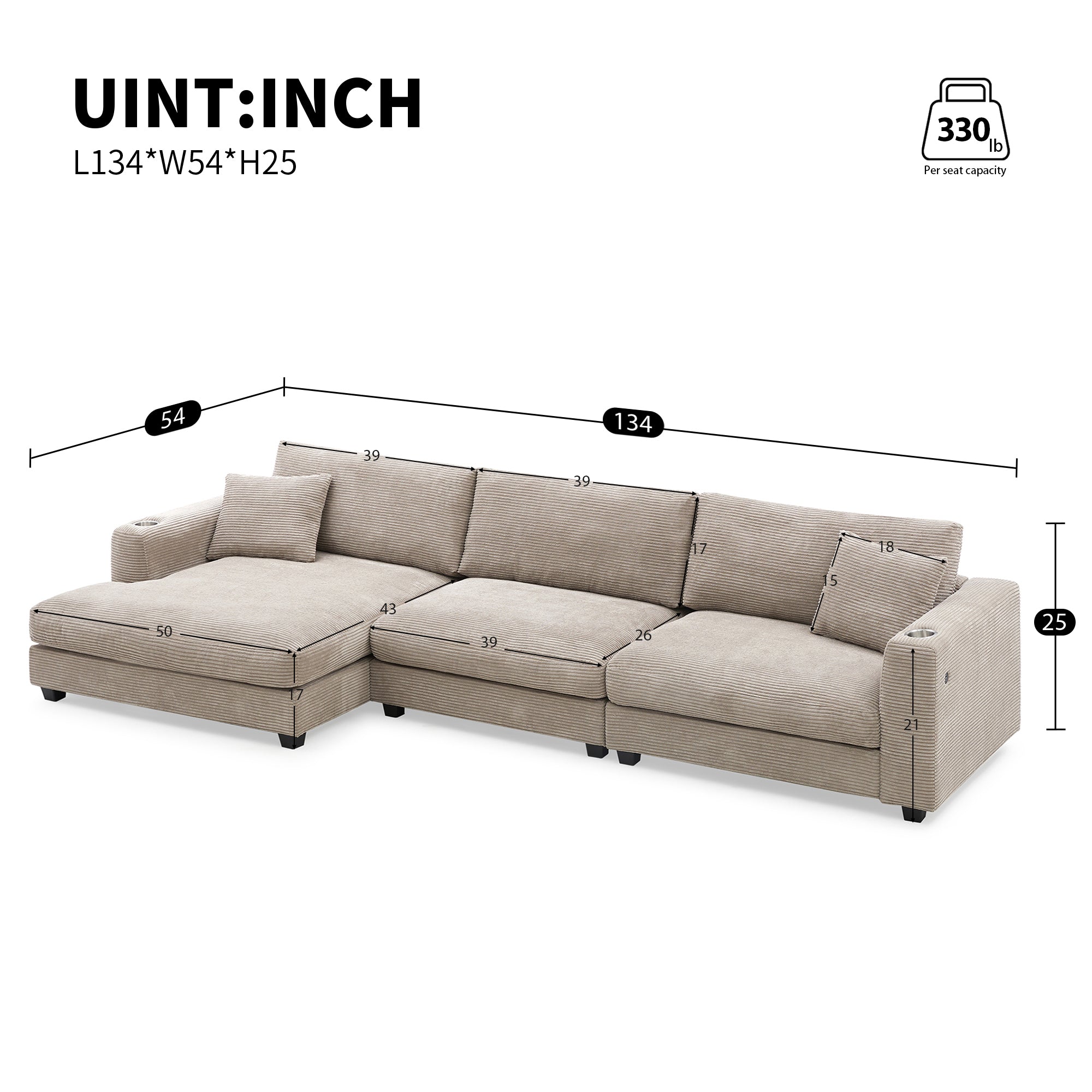 [VIDEO provided][New]134*54"Oversized Corduroy Sectional Sofa,L Shaped Cloud Couch with USB Charging Port,Cup Holder,Deep Seat Sofa Bed with 50" Chaise,Comfy Indoor Furniture for Living Room,3 Colors