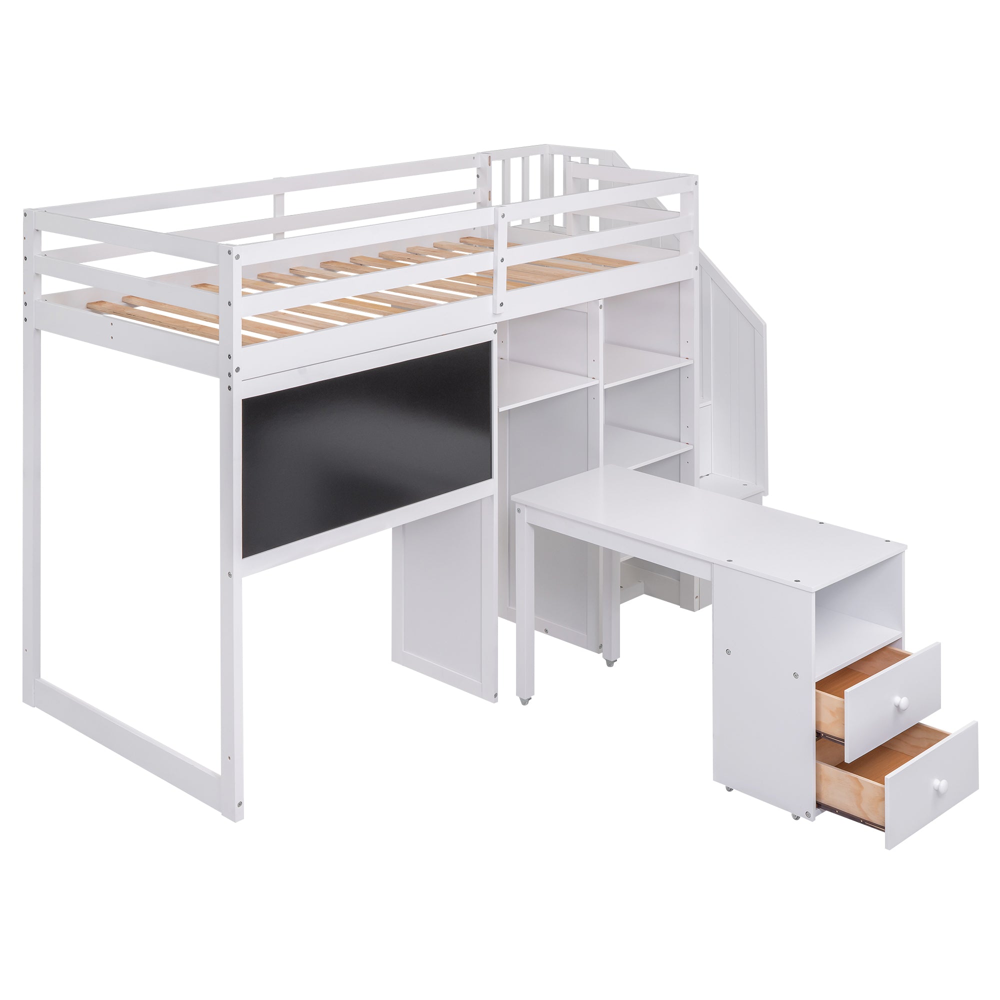 Twin Size Loft Bed with Pullable Desk and Storage Shelves,Staircase and Blackboard,White