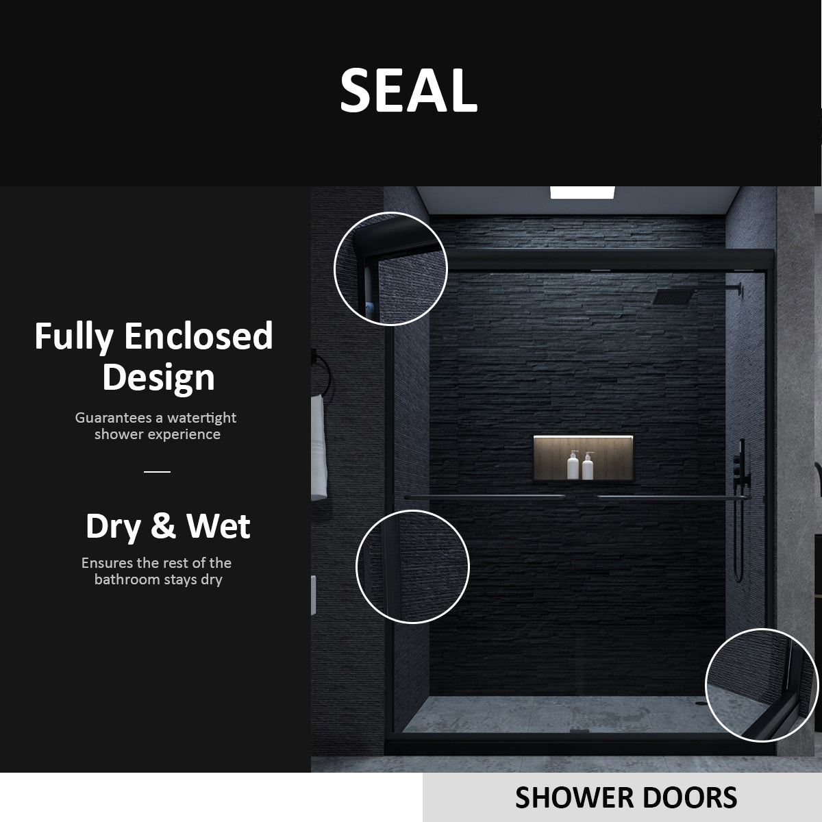 Semi-Frameless Sliding Shower Door 56-60"W x 72"H, Bathroom Sliding Door with 5/16" Clear Tempered Glass, Matte Black Finish, Designed for Smooth Door Closing