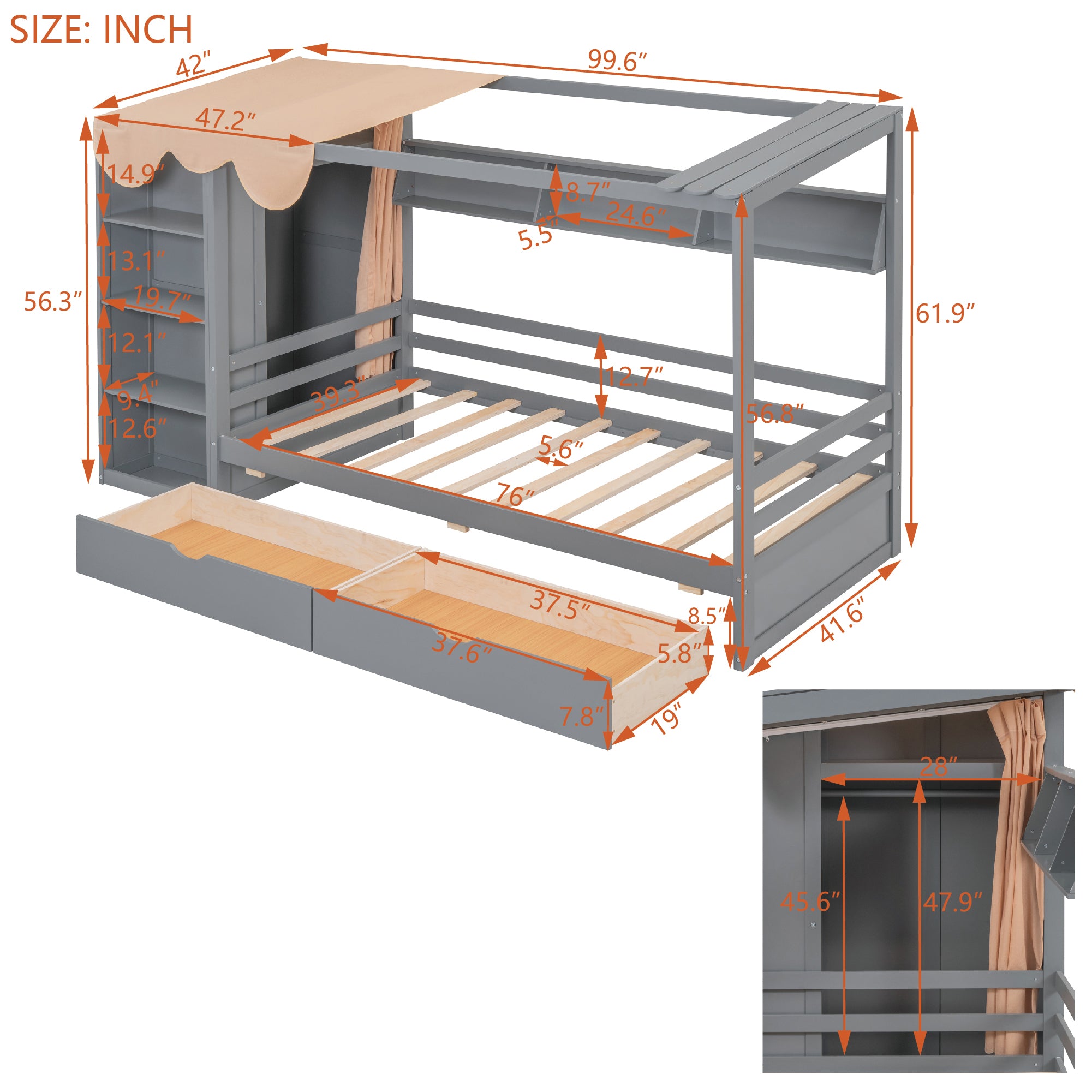 Twin size House Bed with Two Drawers and Wardrobe,Gray