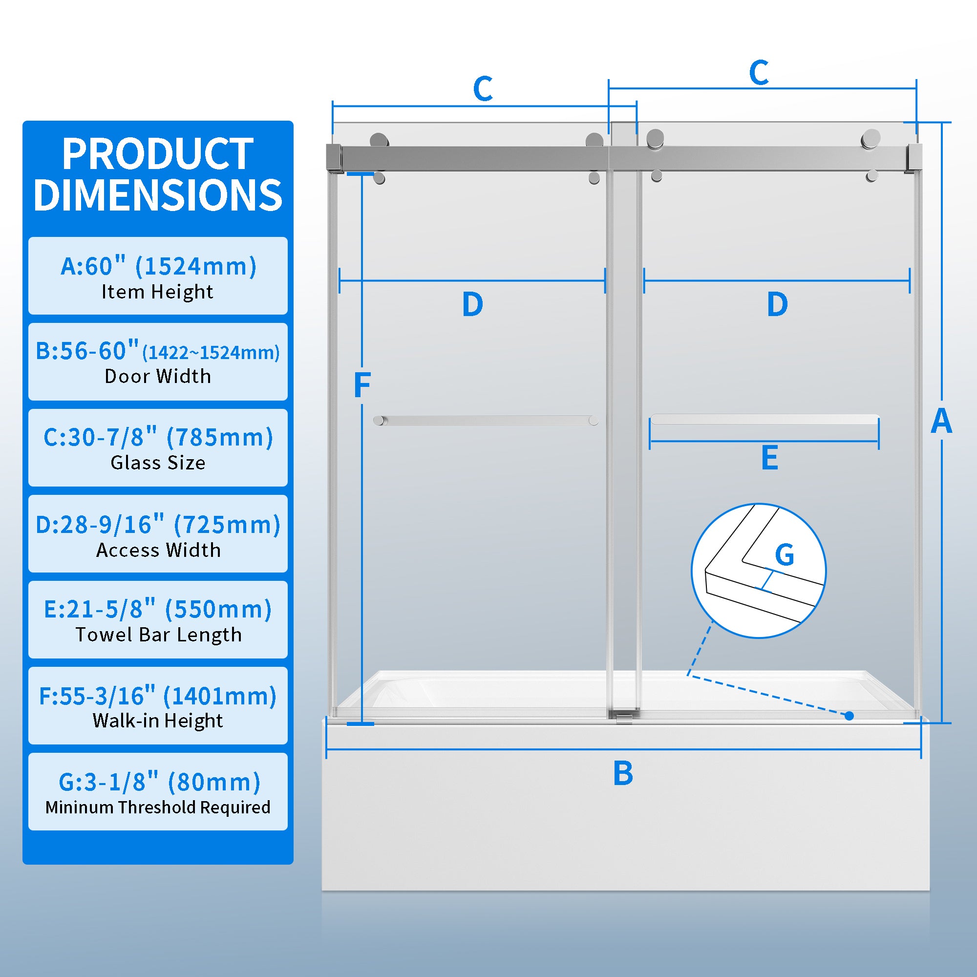 56-60"W × 60"H Double Sliding Frameless Bathtub Door With 3/8 inches (10mm) Clear Tempered Glass, Chrome Finish