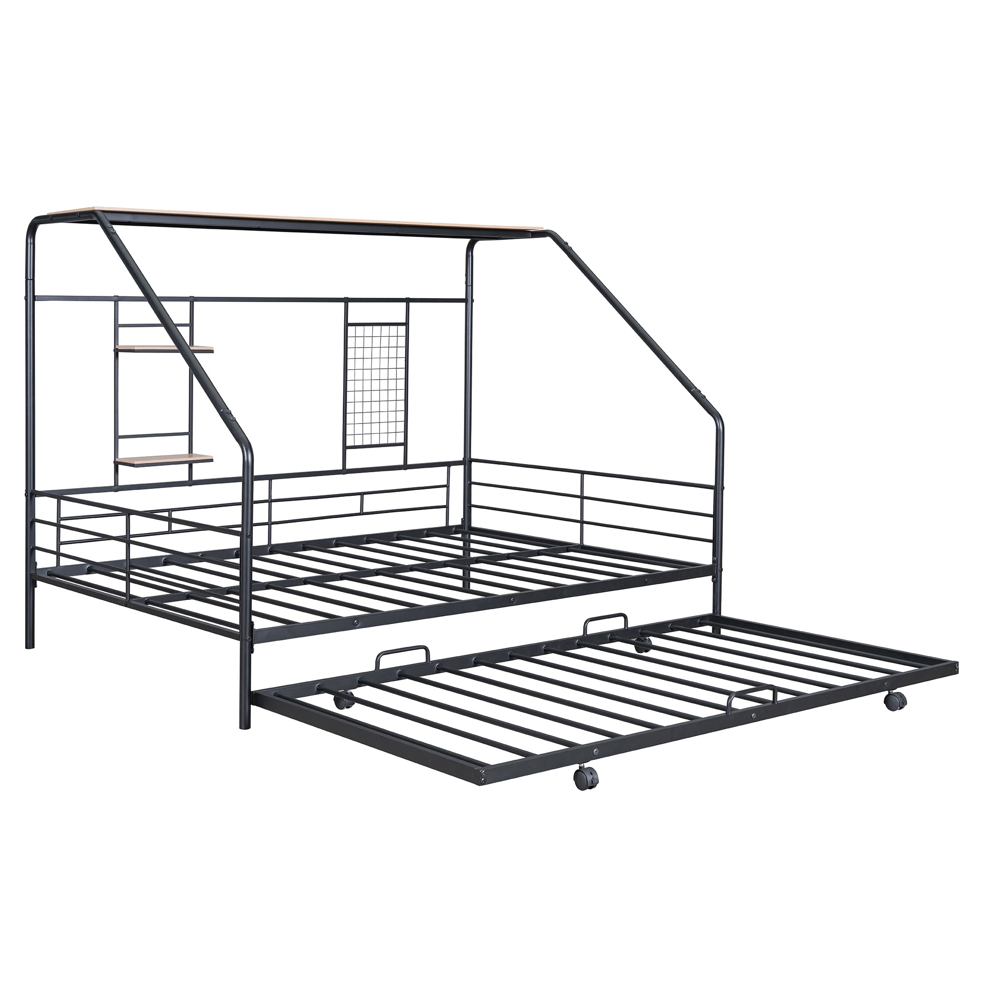 Full Size Metal House Bed with Trundle, Black