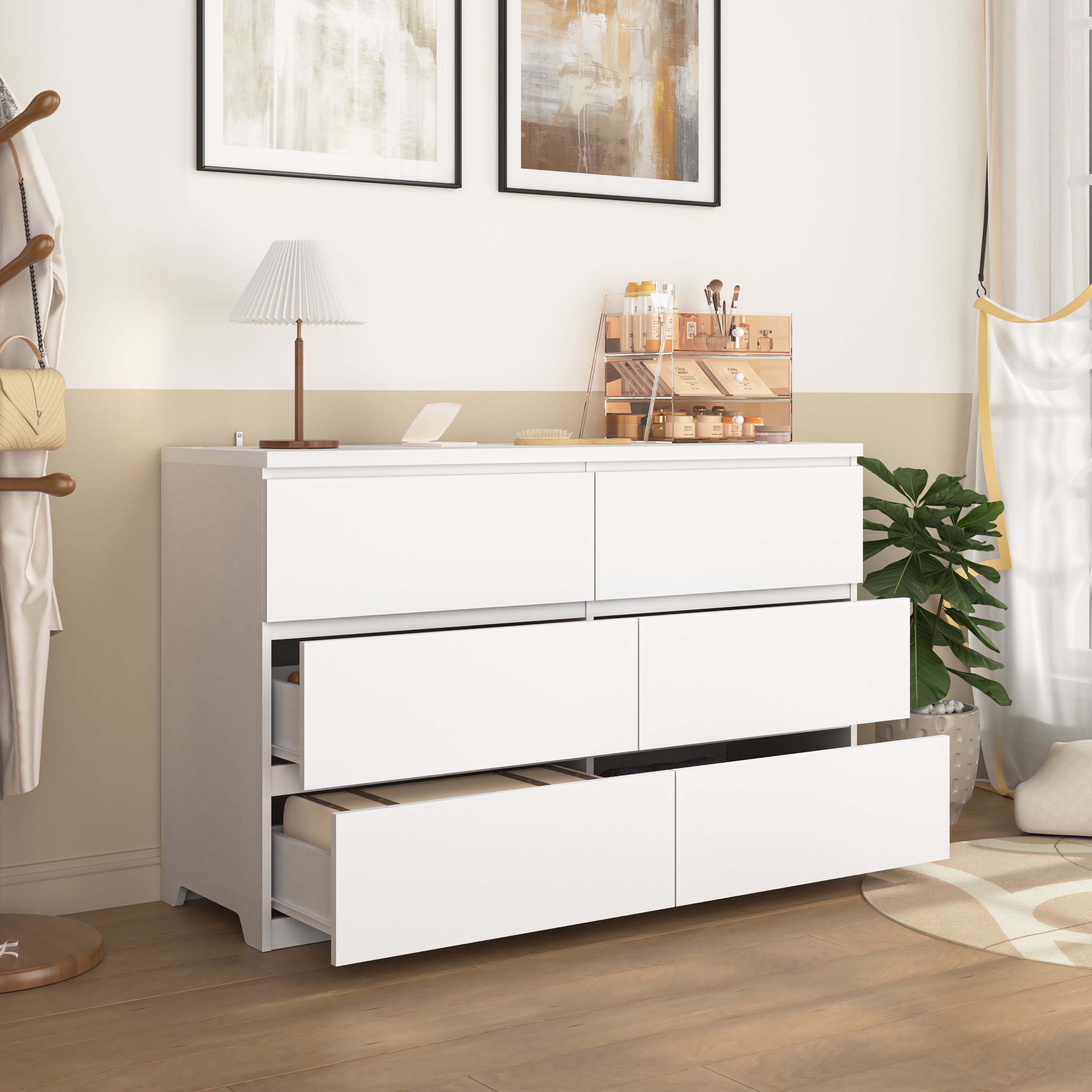 White wood 6-drawer wide dresser, angled view