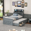 Twin Size Wooden Bed with Storage Headboard with Outlets, Extendable Bed with Twin Size Trundle with Three Storage Drawers,Gray