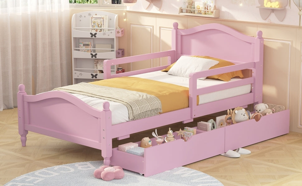 Twin Size Wood Platform Bed with Guardrails on Both Sides and Two Storage Drawers ,Pink