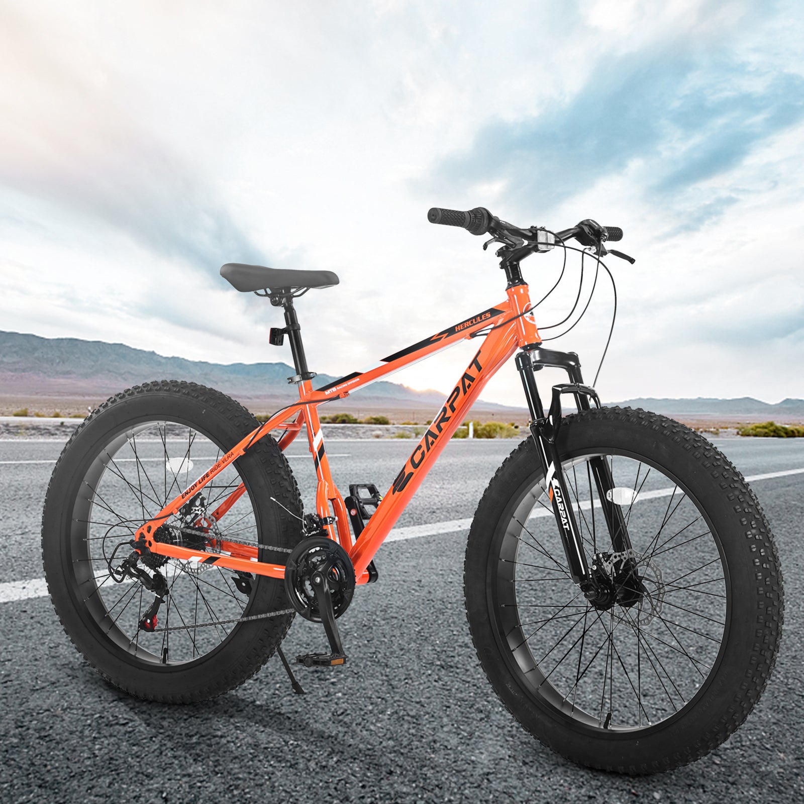 S26109 Elecony 26 Inch Fat Tire Bike Adult/Youth Full Shimano 21 Speed Mountain Bike, Dual Disc Brake, High-Carbon Steel Frame, Front Suspension, Mountain Trail Bike, Urban Commuter City Bicycle