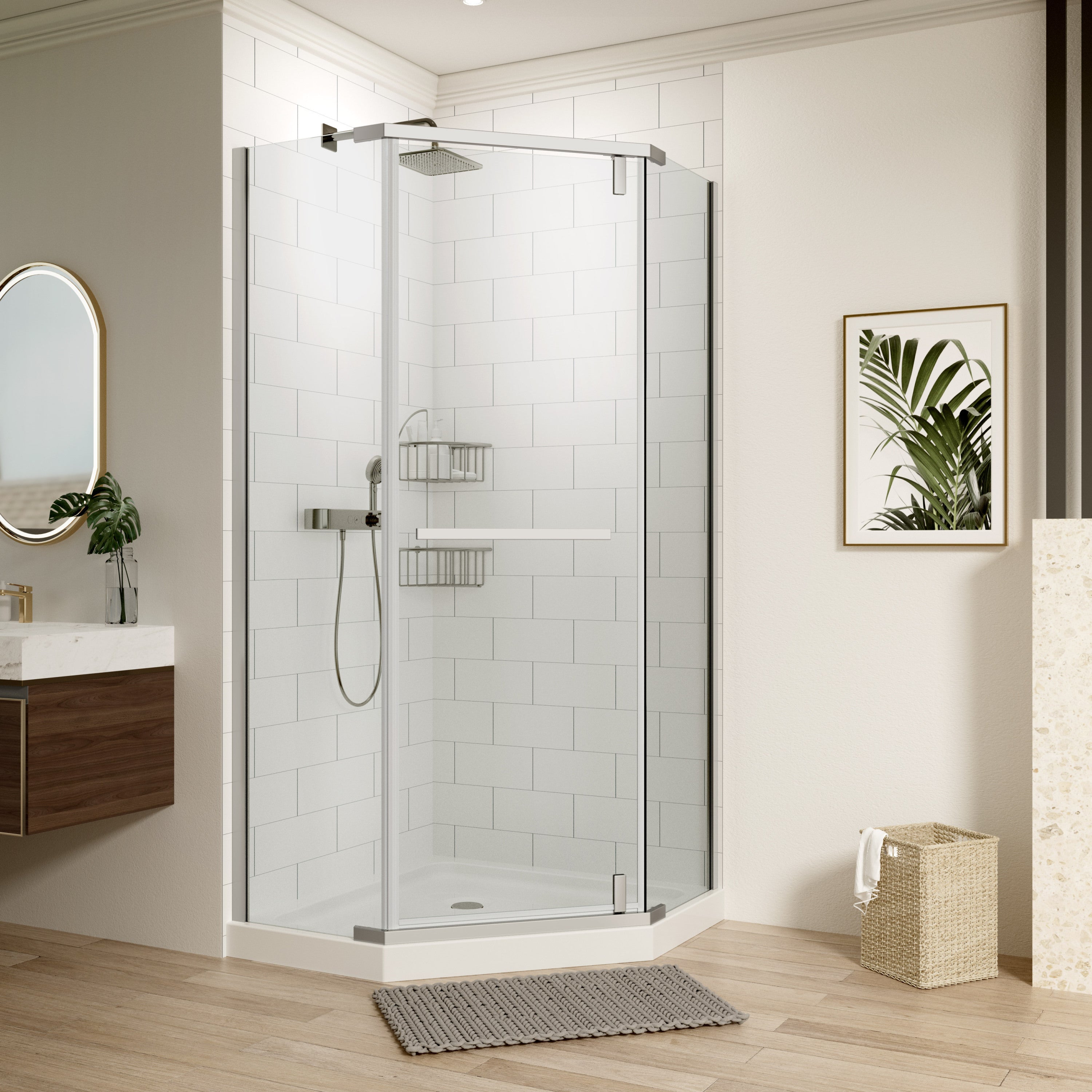 Pivot shower door, with 1/4" tempered glass , 34.75"W x 72"H Frameless Neo-Angle Pivot Shower Enclosure in Chrome.