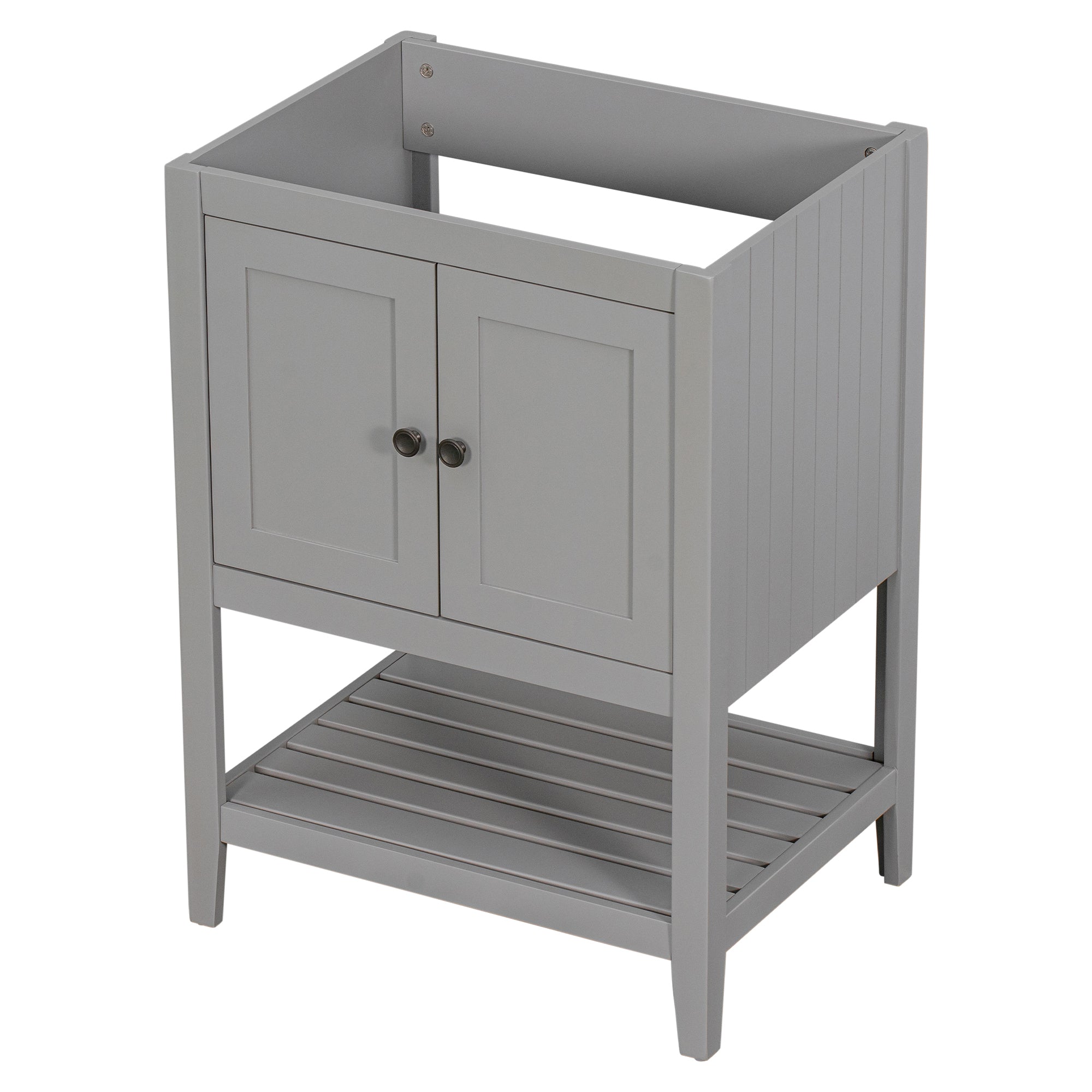 24" Bathroom Vanity Base Only, Soild Wood Frame, Bathroom Storage Cabinet with Doors and Open Shelf, Grey