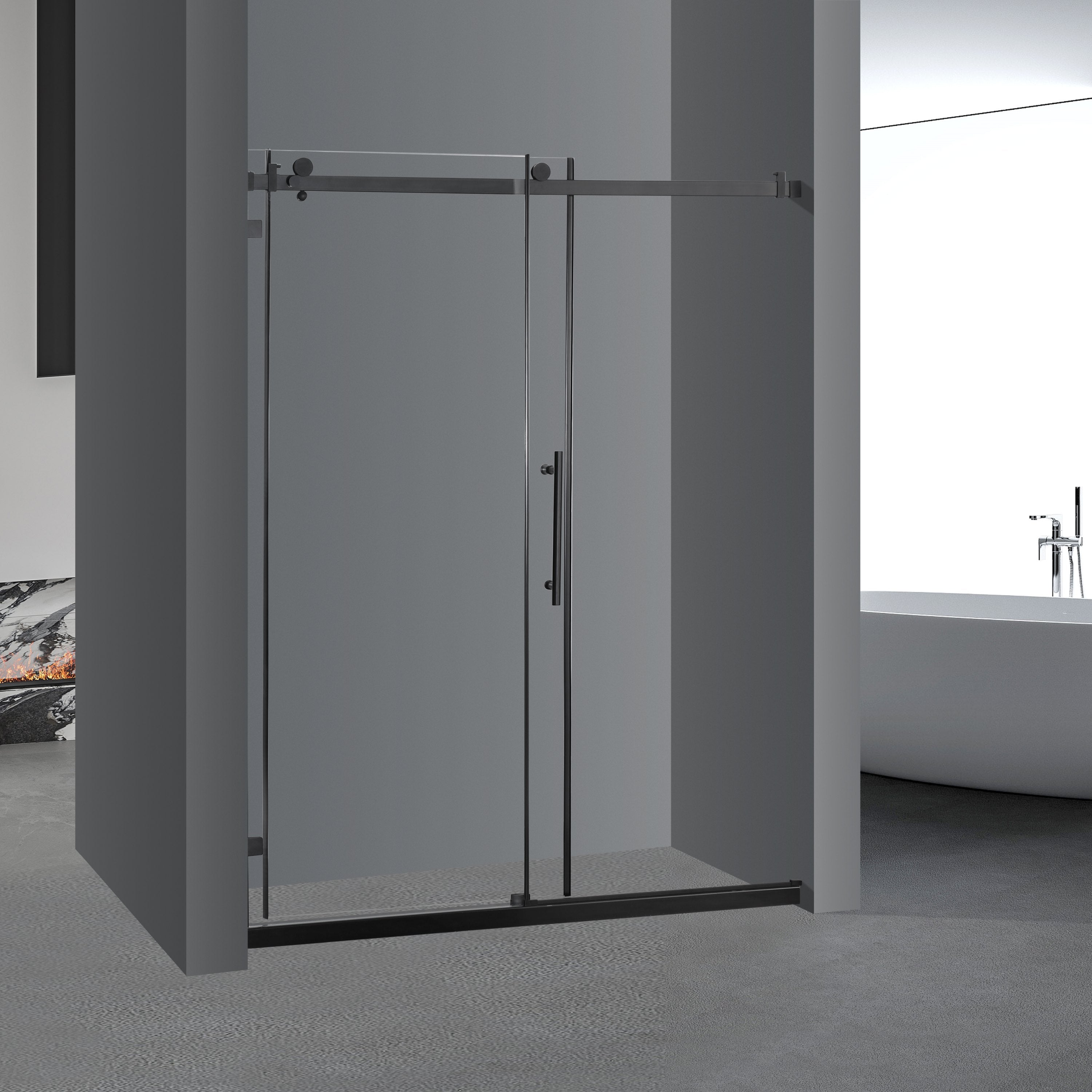 Frameless Sliding Glass Shower Doors 60"W x 76"H with 3/8"(10mm) Clear Tempered Glass, Matt Black Finish