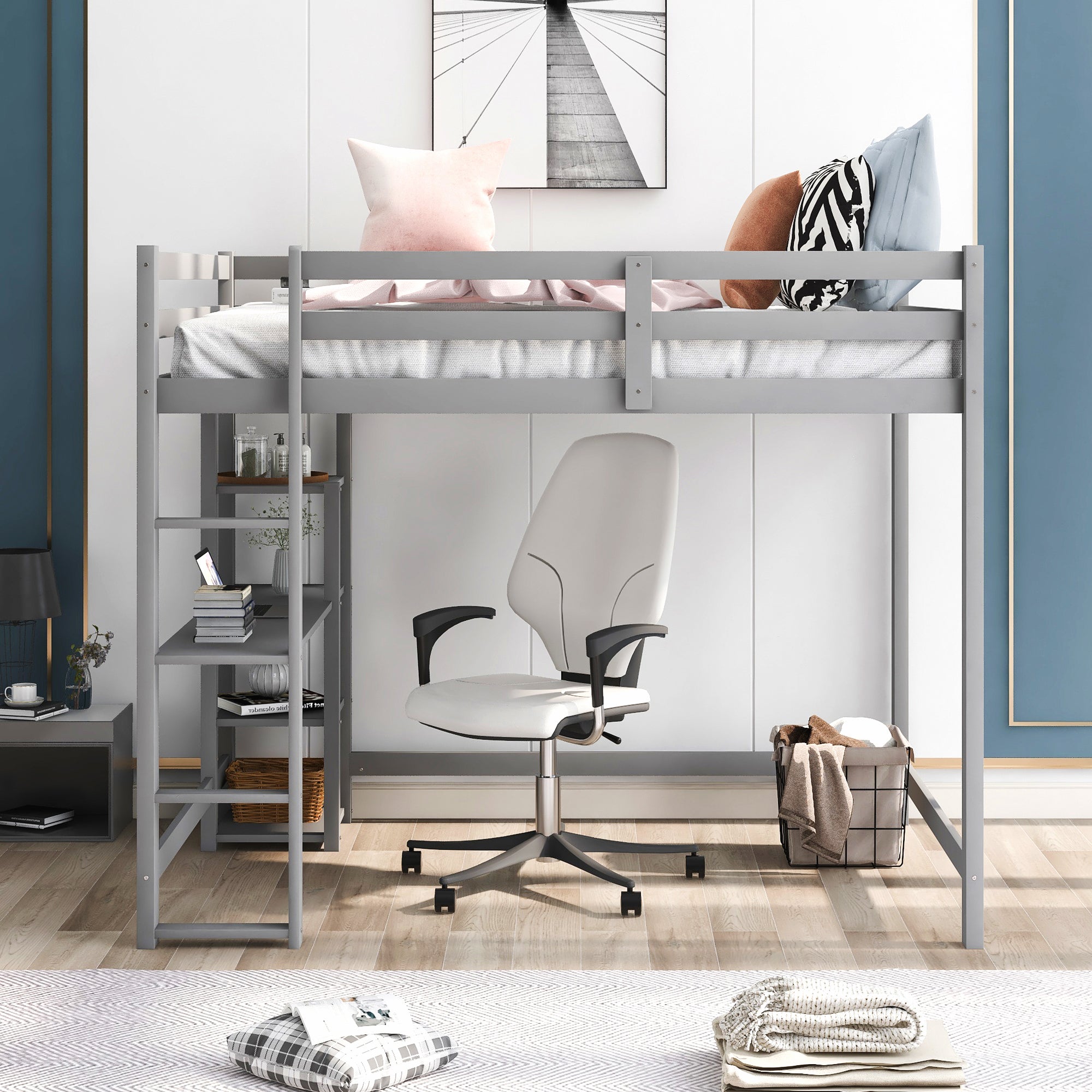 Full Size Loft Bed with Built-in Desk and Shelves,Gray