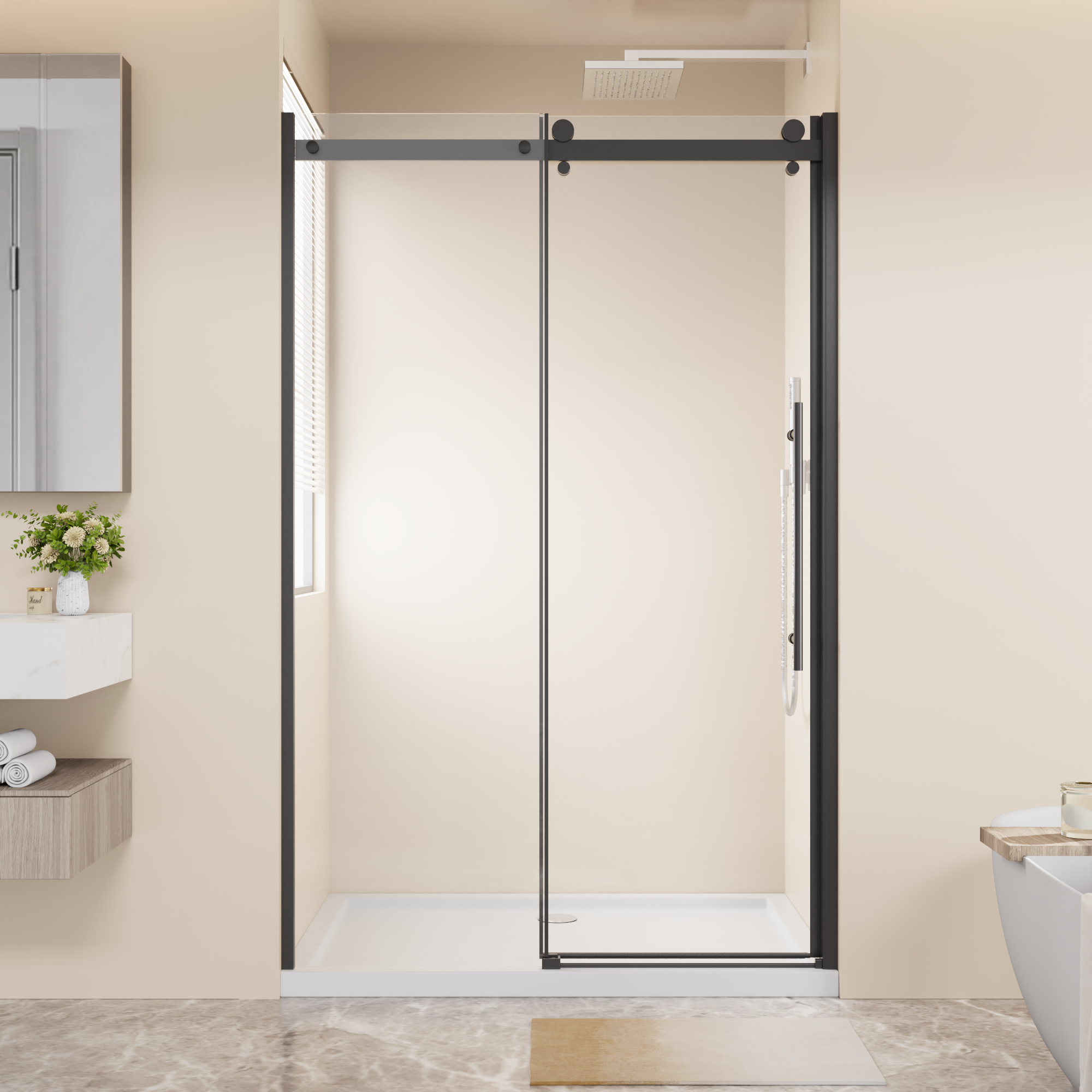 48 x 72 in Frameless Single Sliding Shower Door - 48 x 72 in / Matte Black / Zinc Roller view 2