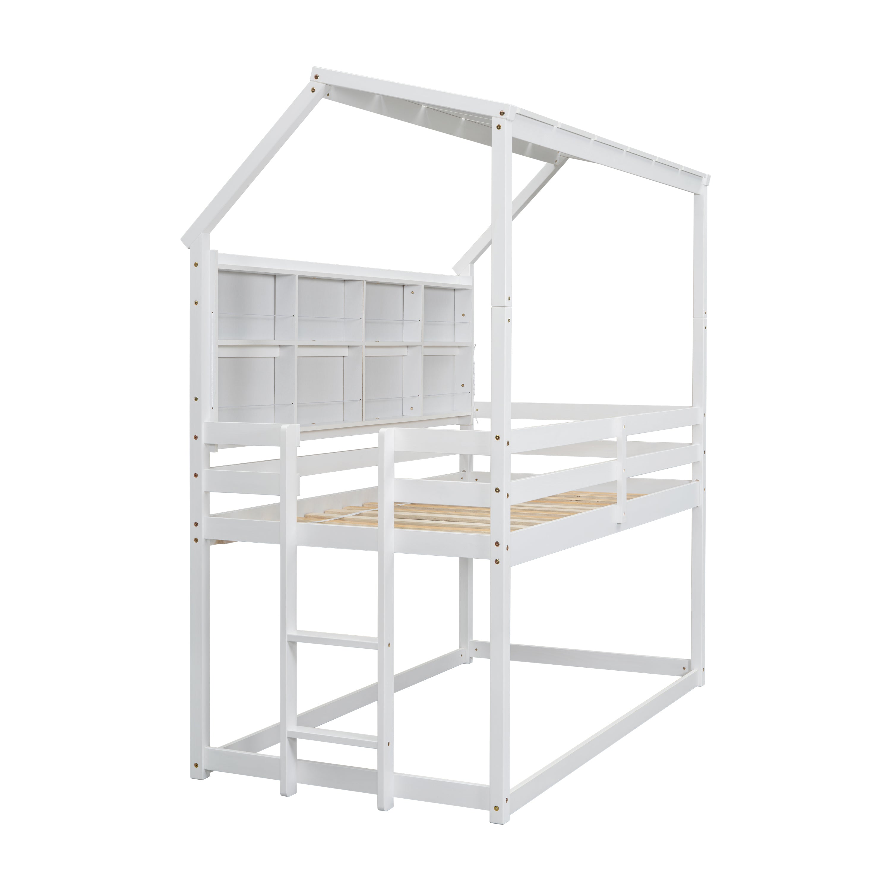 Twin Over Twin Low Bunk Bed with House Semi-enclosed Roof,Guardrails, Bedside Shelves and Ladder, White