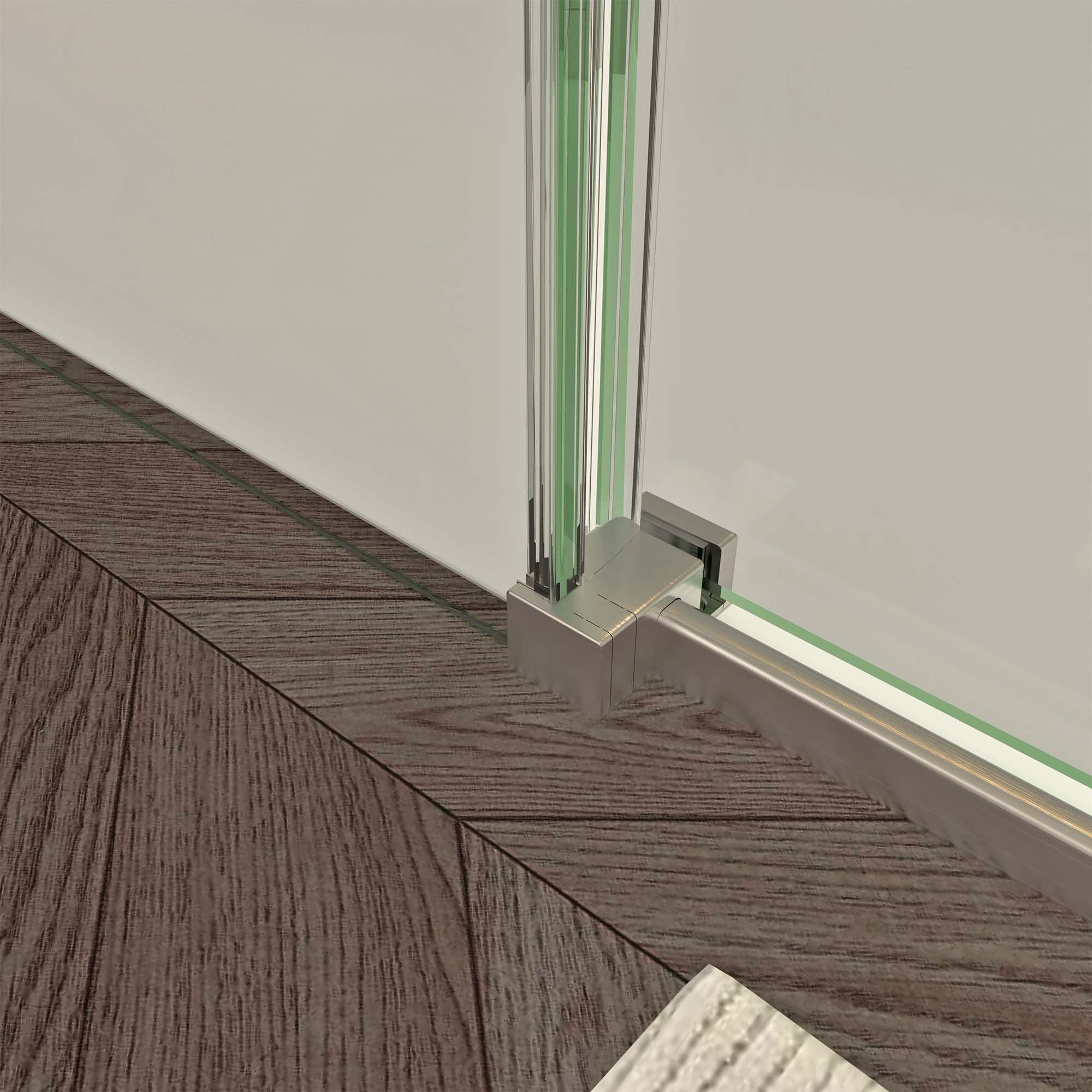 Frameless sliding shower door 56-60 in brushed nickel towel bar detail