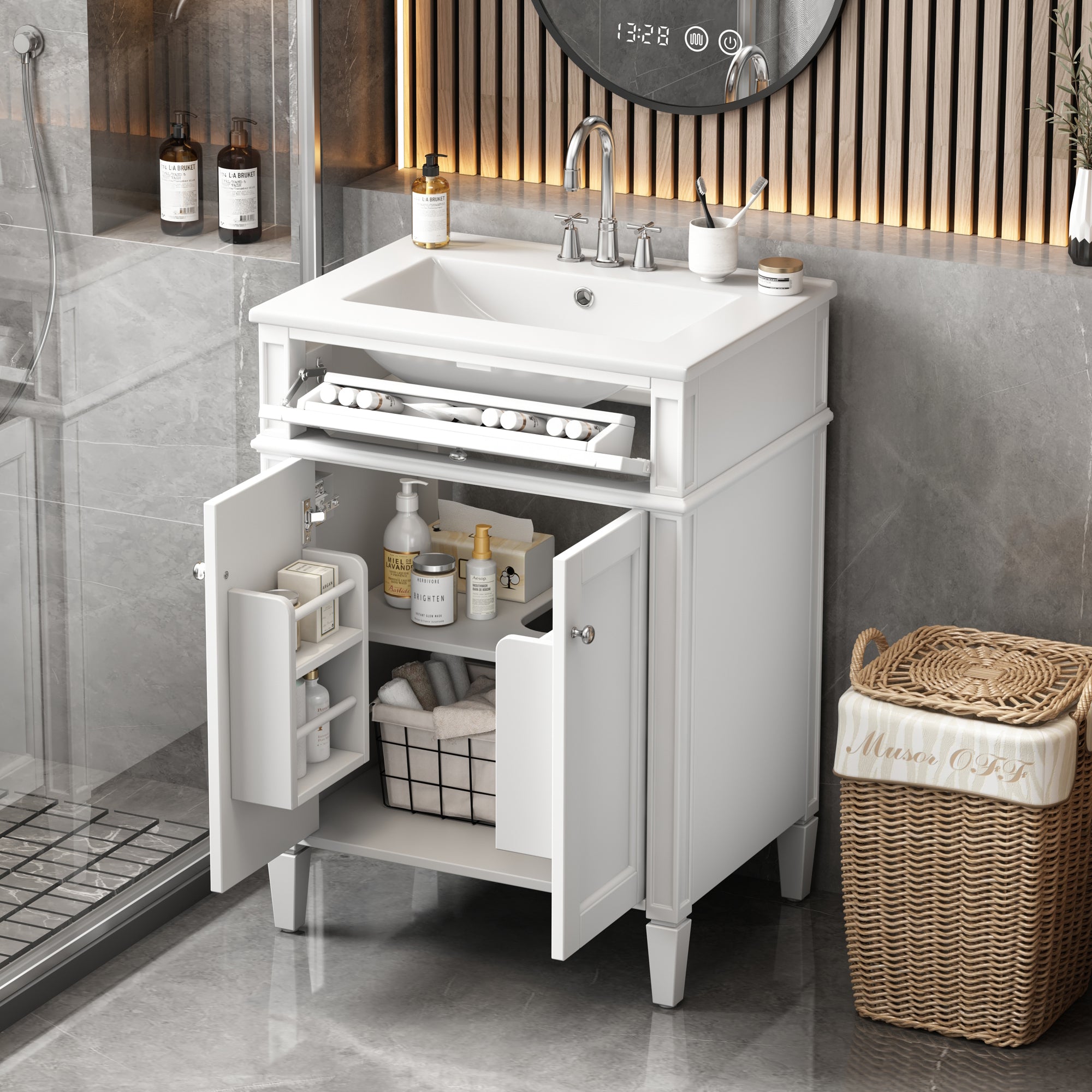 24-inch bathroom vanity with integrated sink, angled view