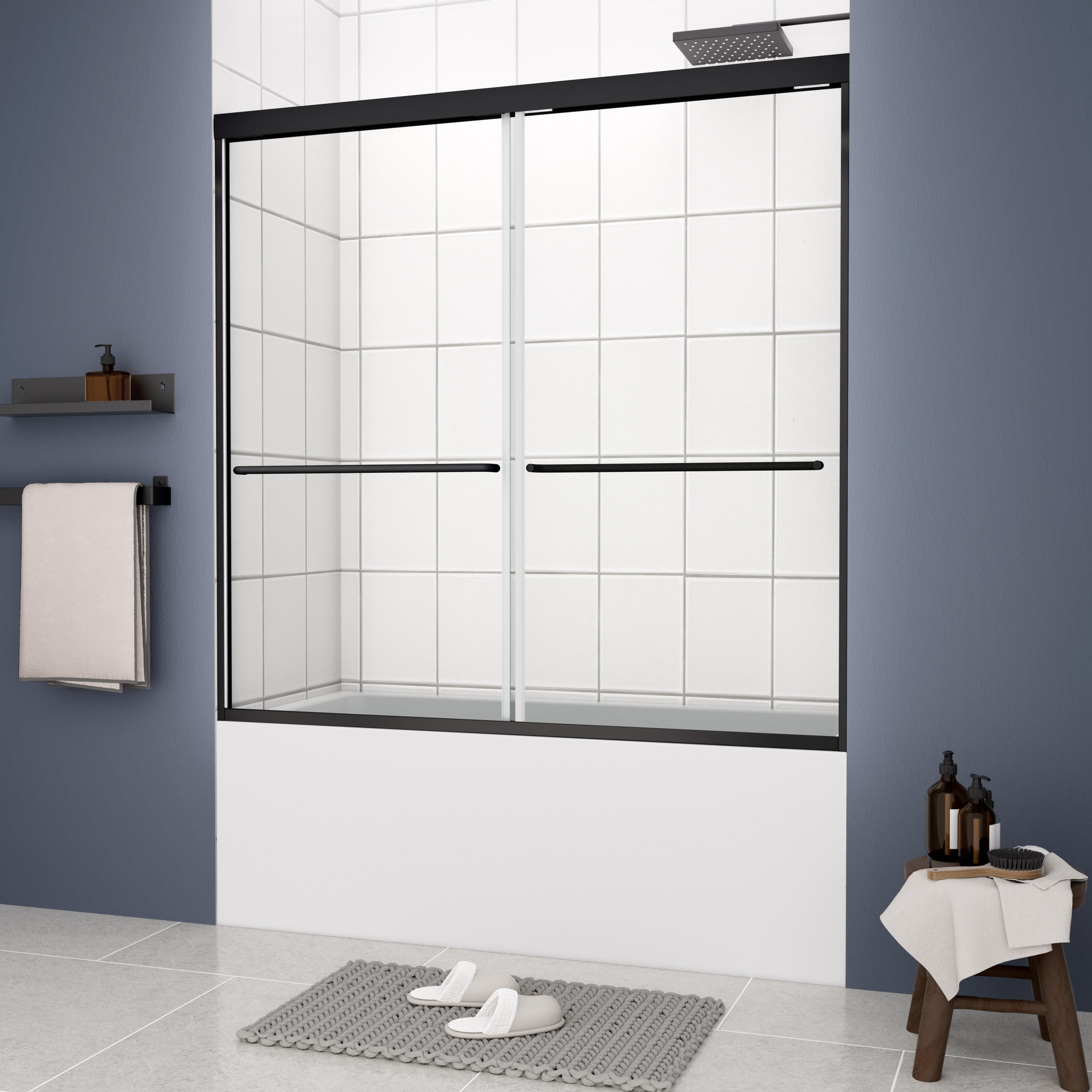 (56-60"W x 58"H) Bathtub Bypass shower door, sliding door, with 1/4" tempered glass and Matted  black finish  6058