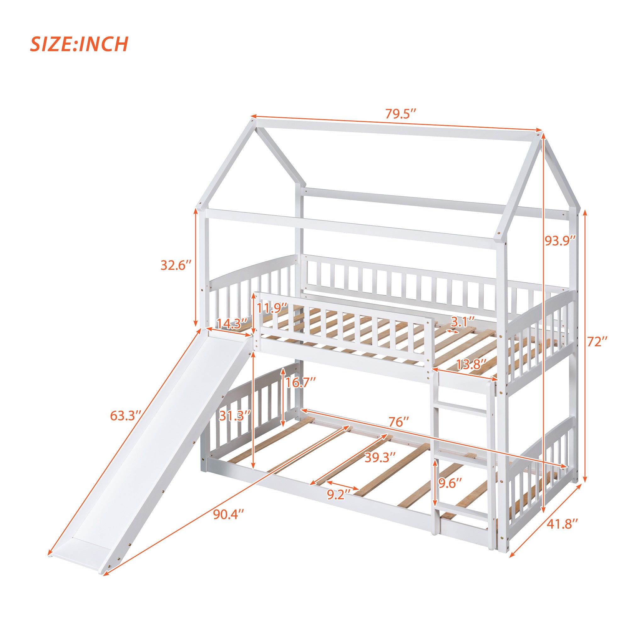 Twin Over Twin Bunk Bed with Slide, House Bed with Slide, White(OLD SKU: LT000213AAK)