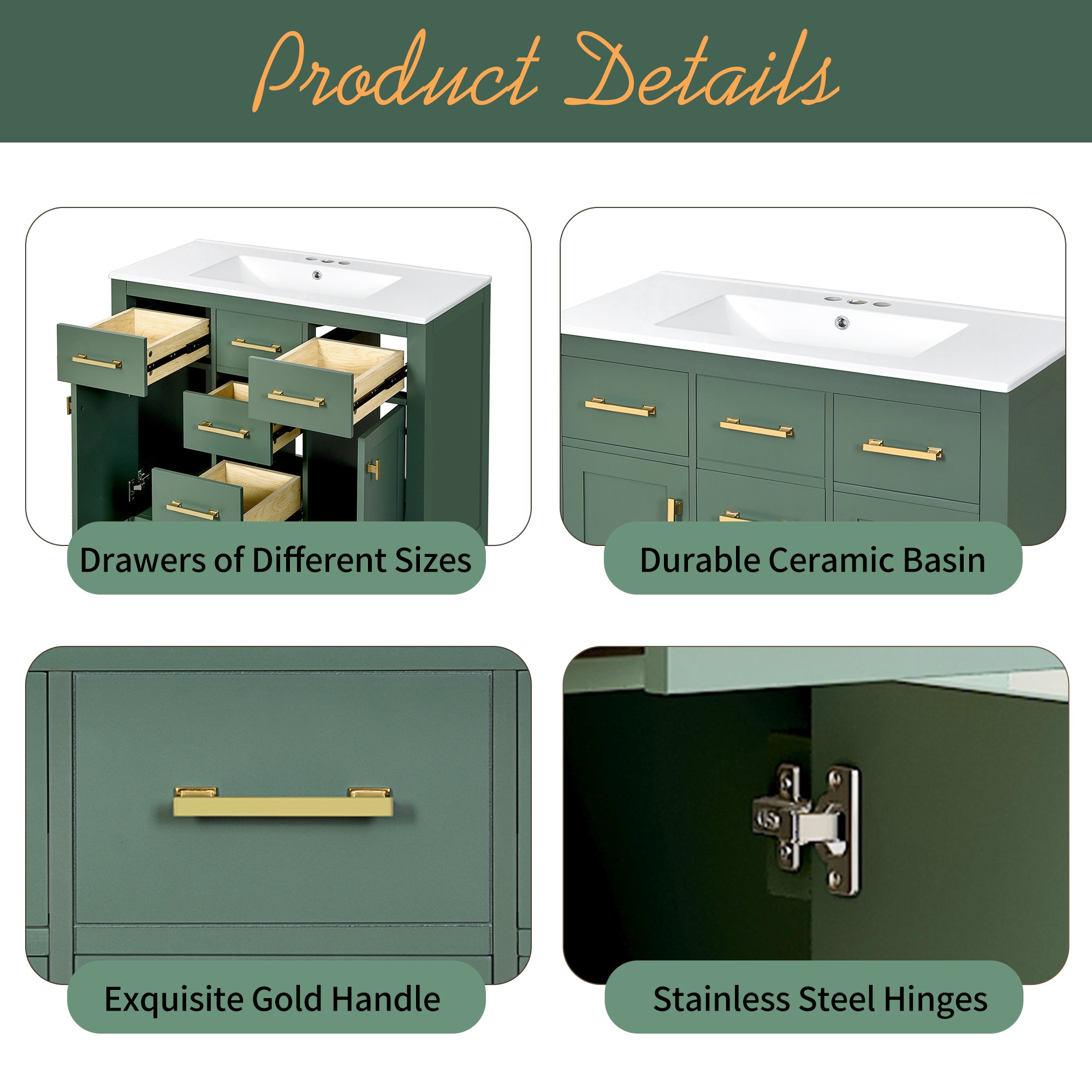 Green bathroom vanity drawers and cabinet storage, open view